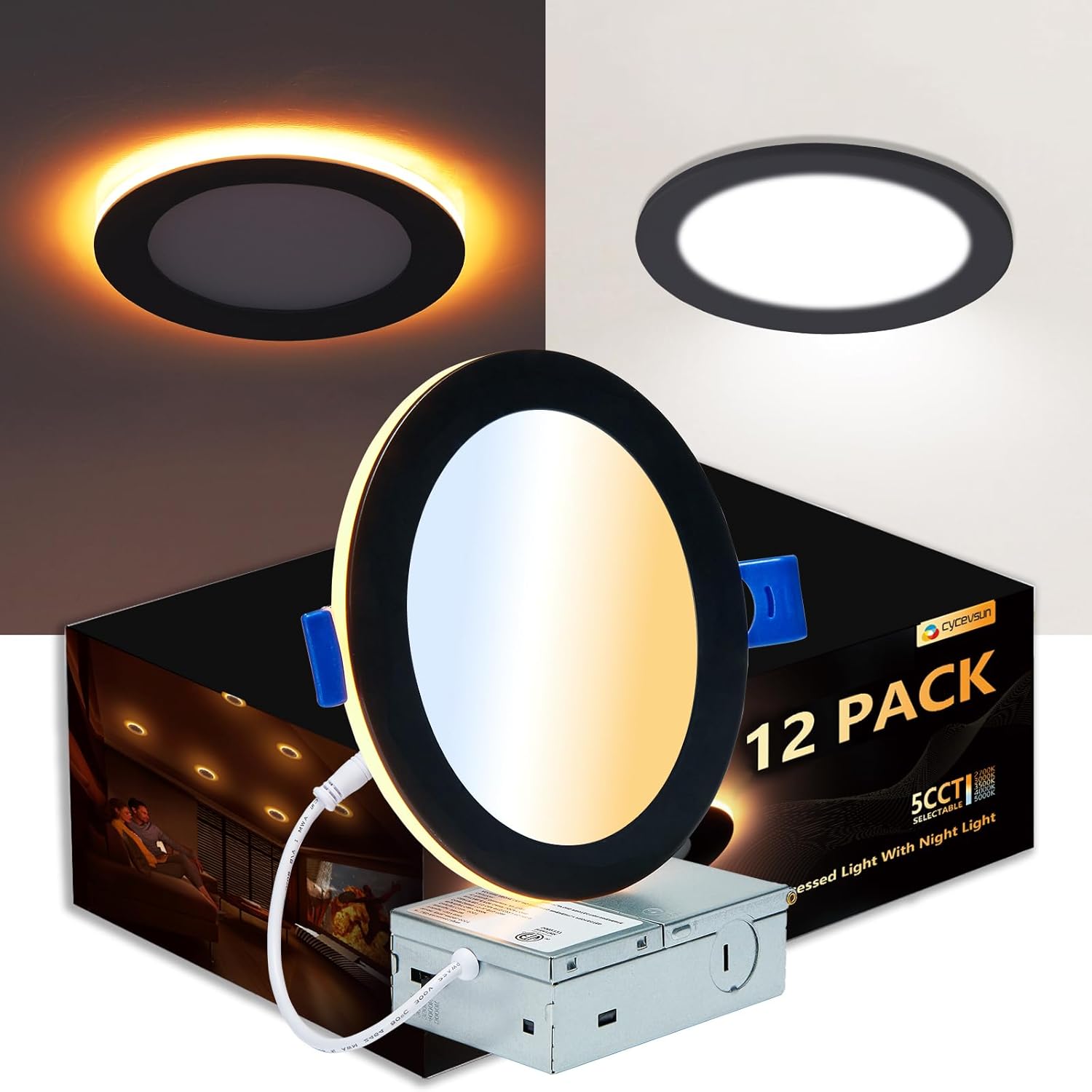 CycevSun 12 Pack Black Recessed Lights 6 Inch with Night Light, Canless Ultra Thin Wafer Downlight Indoor Outdoor Exterior Soffit, Dimmable & 5 Color Selectable, 12W, ETL Listed