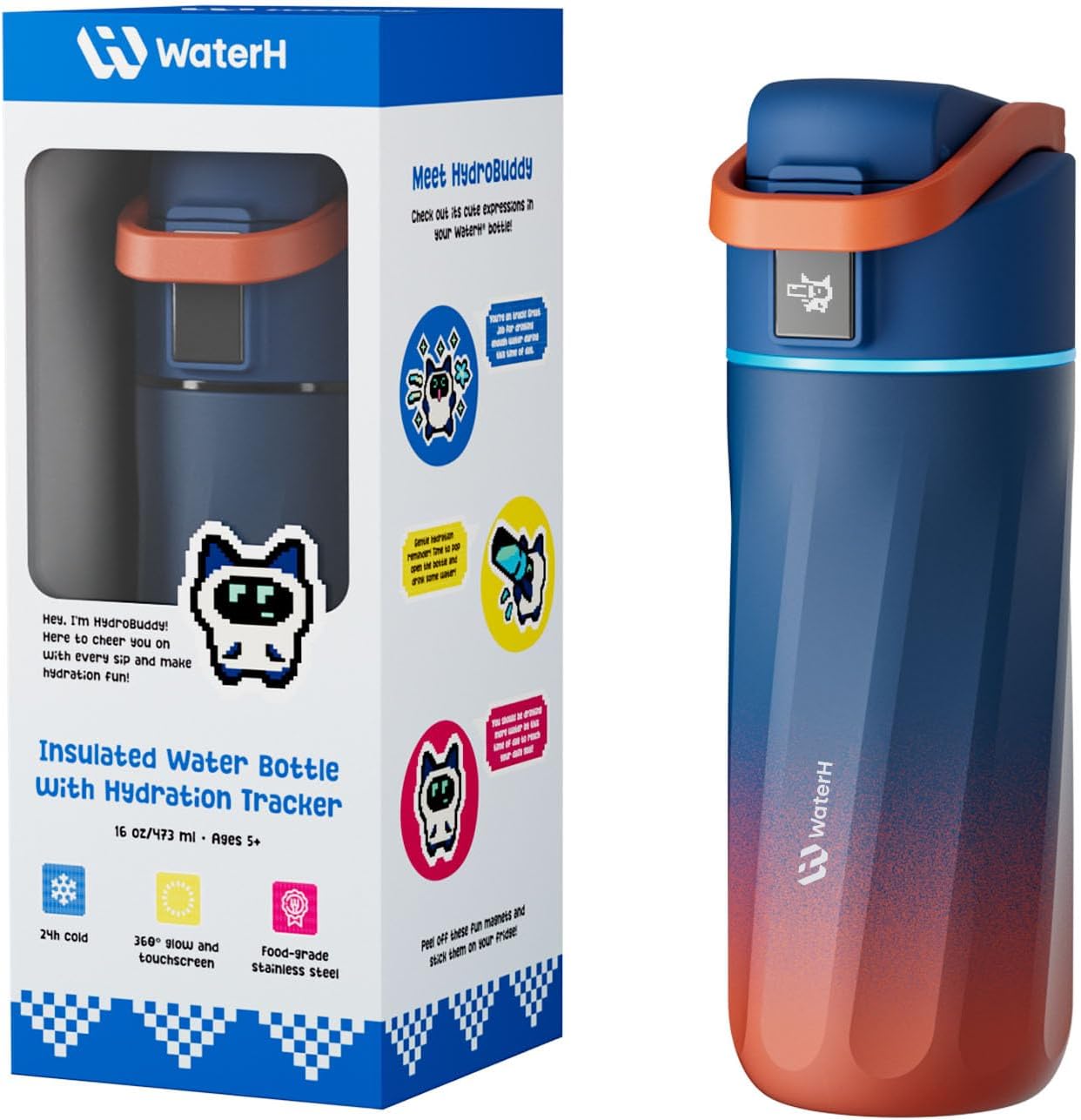 BOOST Smart Water Bottle with Reminder & Tracker, 16oz Kids Water Bottle for School, DIY Refrigerator Magnets, BPA-Free Vacuum Insulated Stainless Steel, Ideal Gift for Christmas, New Year