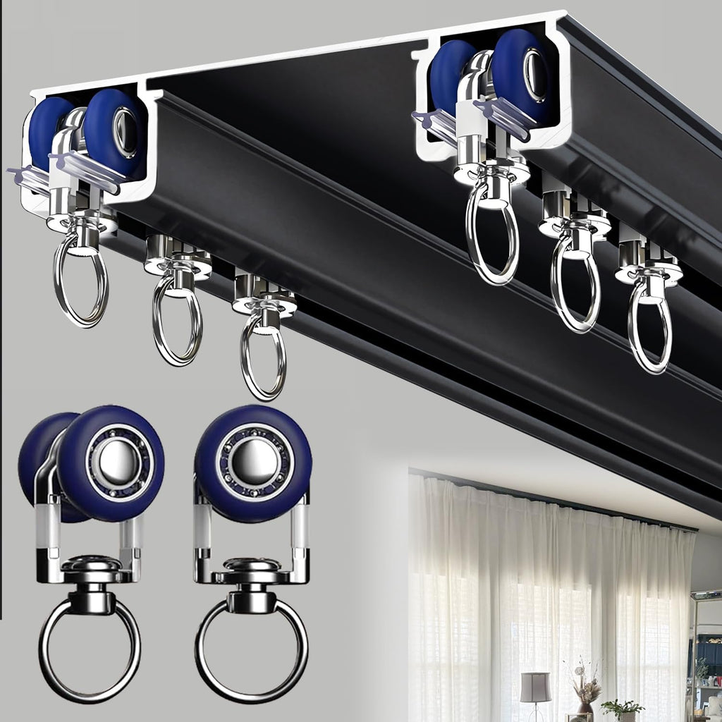 Double Curtain Track Ceiling Mounted, Heavy Duty Aluminum Sliding Rails for Curtains, Silent Double Curtain Track System for Drapes Room Dividers Living Room Bedroom (Black,5.7m(18.7ft))