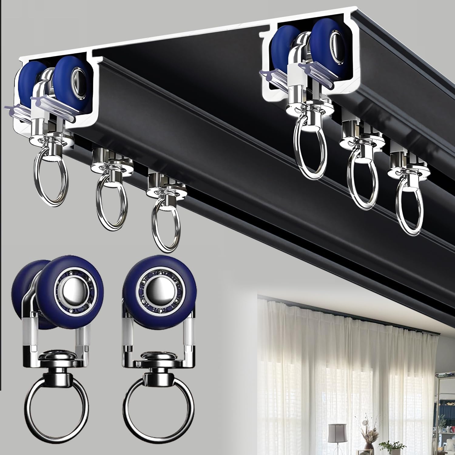 Double Curtain Track Ceiling Mounted, Heavy Duty Aluminum Sliding Rails for Curtains, Silent Double Curtain Track System for Drapes Room Dividers Living Room Bedroom (Black,3.2m(10.5ft))