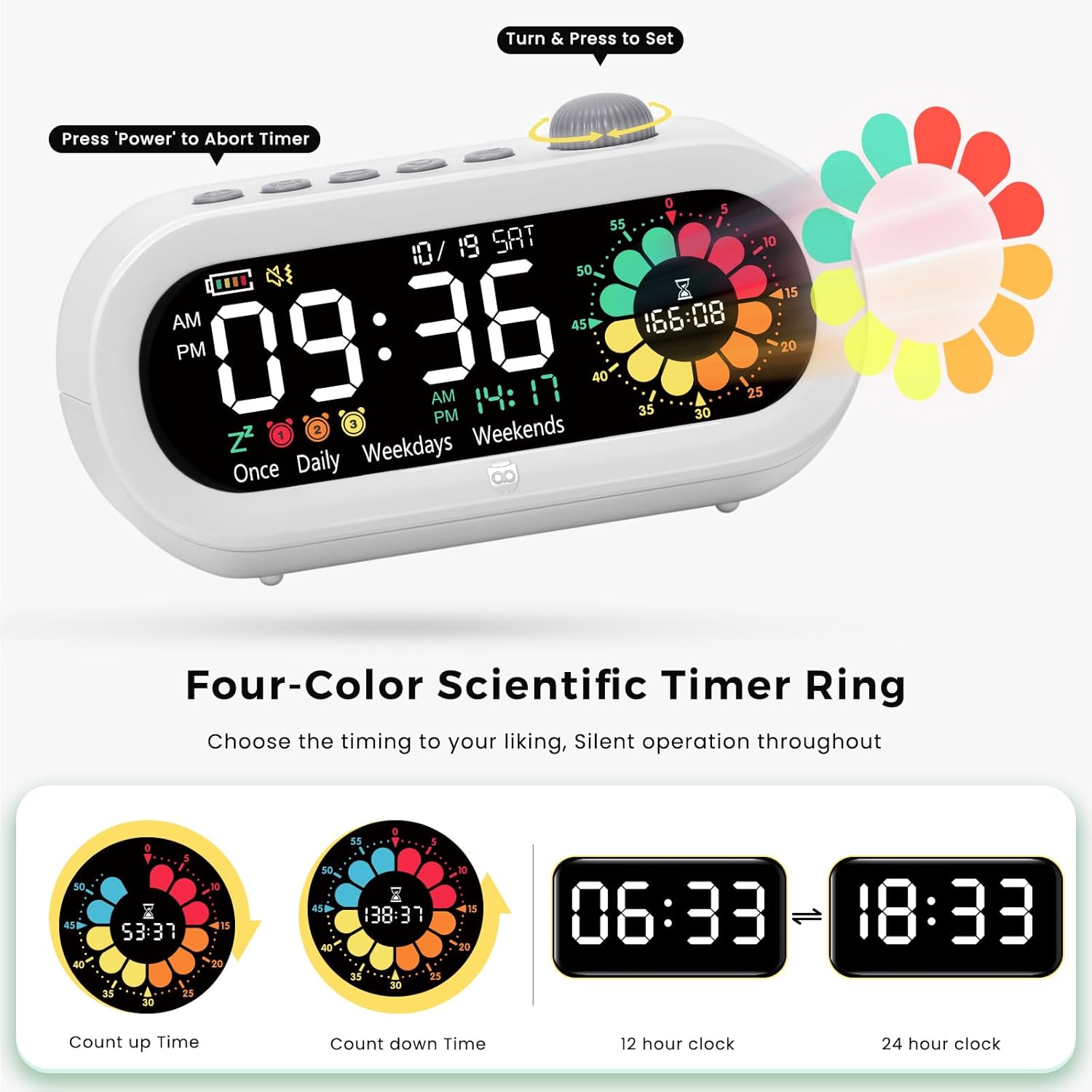 Mooking Digital Visual Timer for Kids, Large LED Digital Alarm Clock for Bedrooms, Rechargeable 199-Minute Silent Countdown Timers, Focus & Smoother Routines, Fitness Baking Studying Teaching