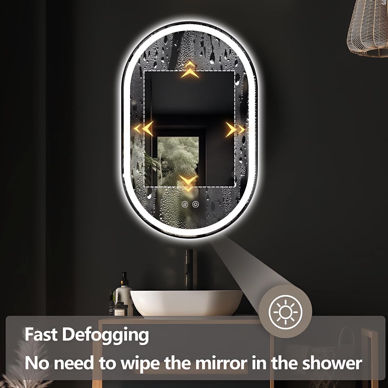 Niccy Oval LED Mirror for Bathroom, 48x30 Front Lit + Backlit Vanity Mirrors with Light Anti-Fog, Shatter-Proof, 3 Colors, Makeup Mirror with Black Frame (Horizontal/Vertical)