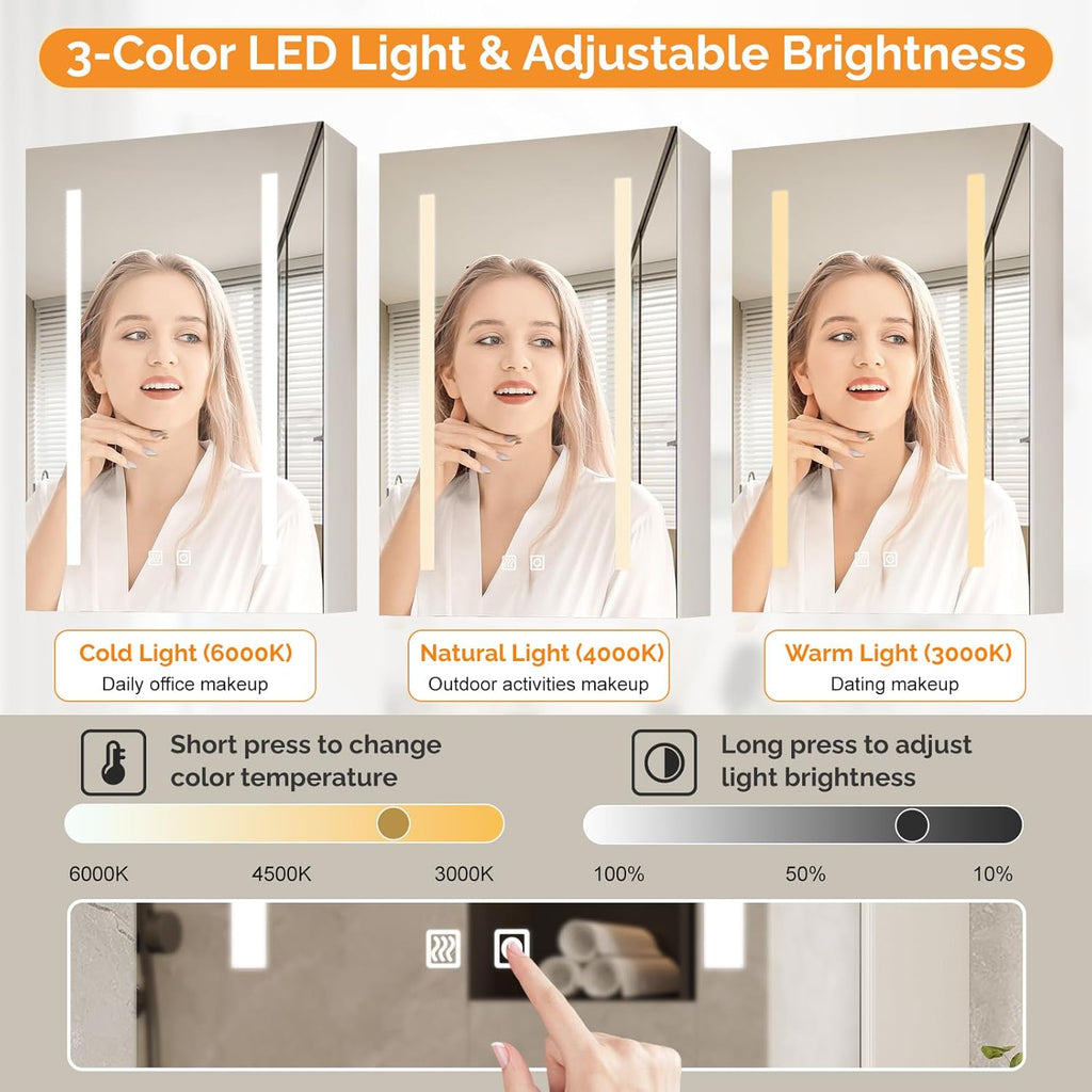 VINGLI 16Inch Medicine Cabinet with Lights, Lighted Medicine Cabinet with Mirror, Led Wall Mirror with Storage for Bathroom,Wall Mounted,3-Color Memory Mode Light，White,5.9" D x 15.75" W x 23.6" H