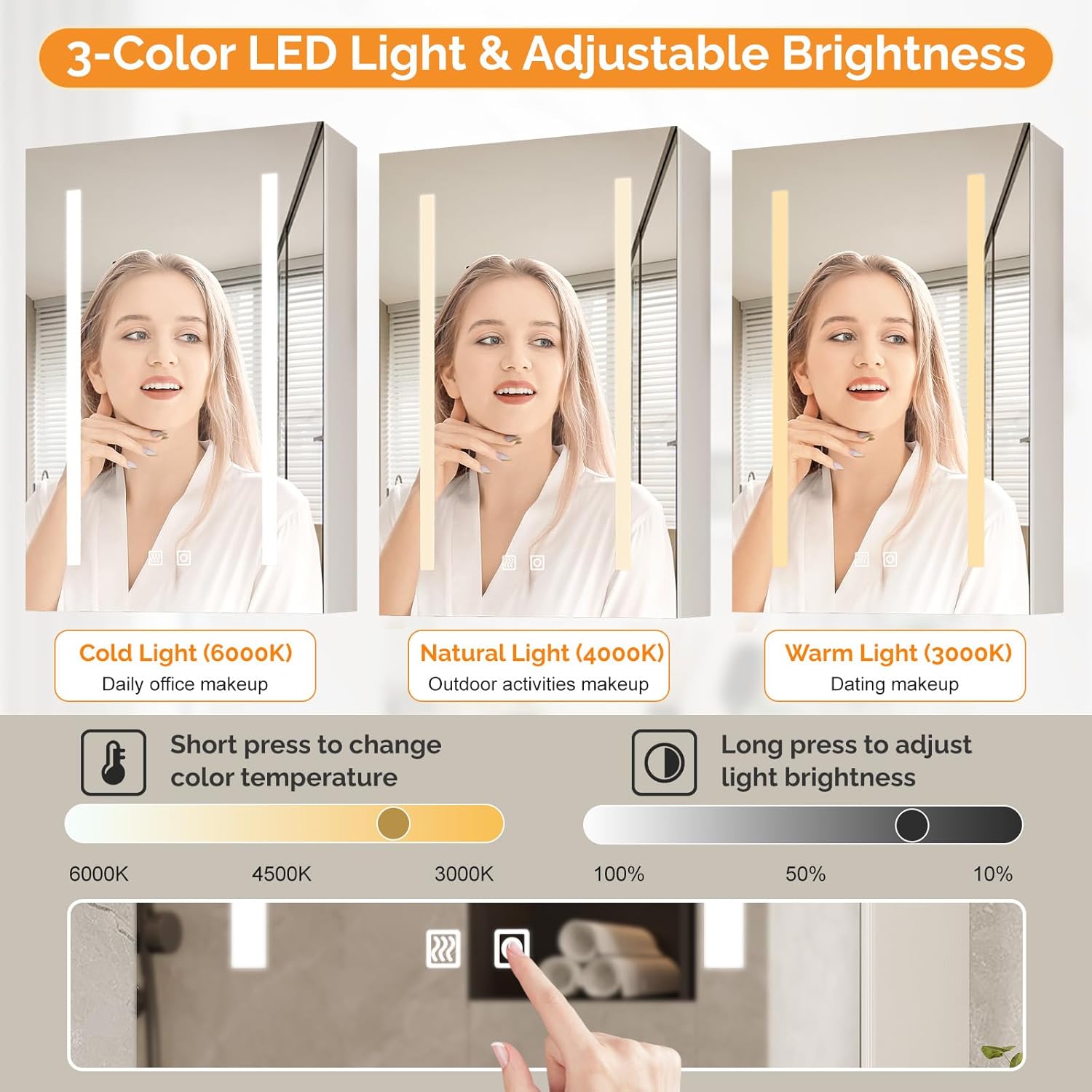 VINGLI 16Inch Medicine Cabinet with Lights, Lighted Medicine Cabinet with Mirror, Led Wall Mirror with Storage for Bathroom,Wall Mounted,3-Color Memory Mode Light，White,5.9" D x 15.75" W x 23.6" H