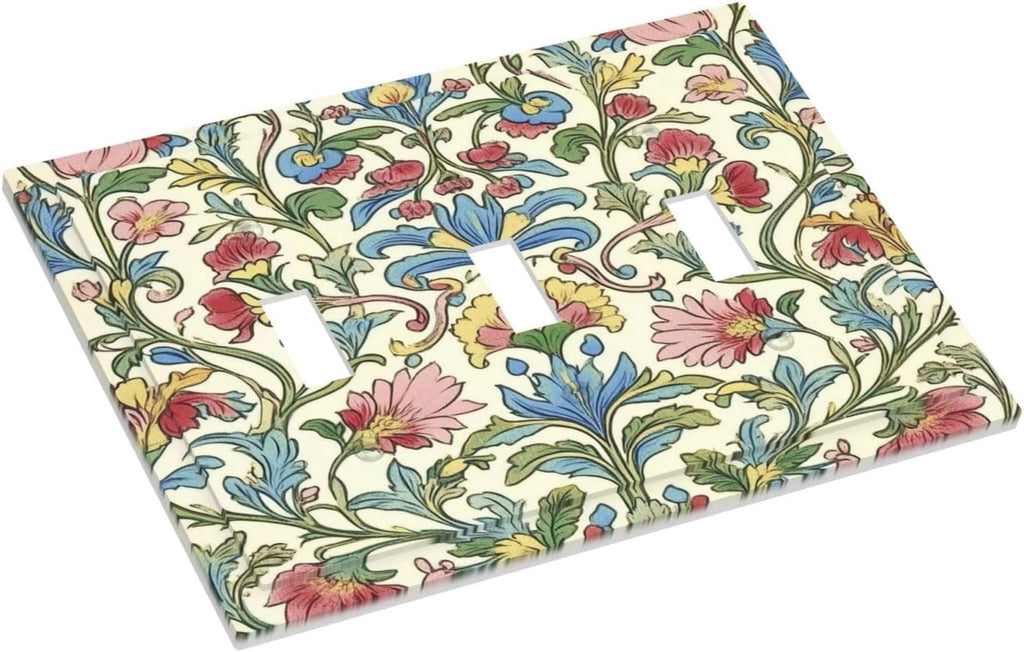 Decorative Switch Plates Boho Red Floral Morris Plant Leaves 3 Gang Wall Plate Triple Toggle Light Switch Cover Faceplate Electrical Wall Panels For Farmhouse Cabin Decor