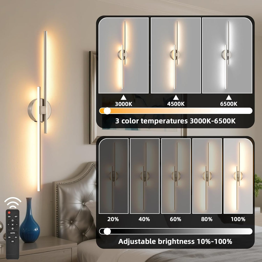 Battery Operated Wall Sconce set of 2, USB Rechargeable Wireless Sconces with Remote Control, LED Dimming Wall Lamp 3 Color/Timer/Memory, 31.4 Inch Brushed Nickel Wall Lights for Bedroom Living Room