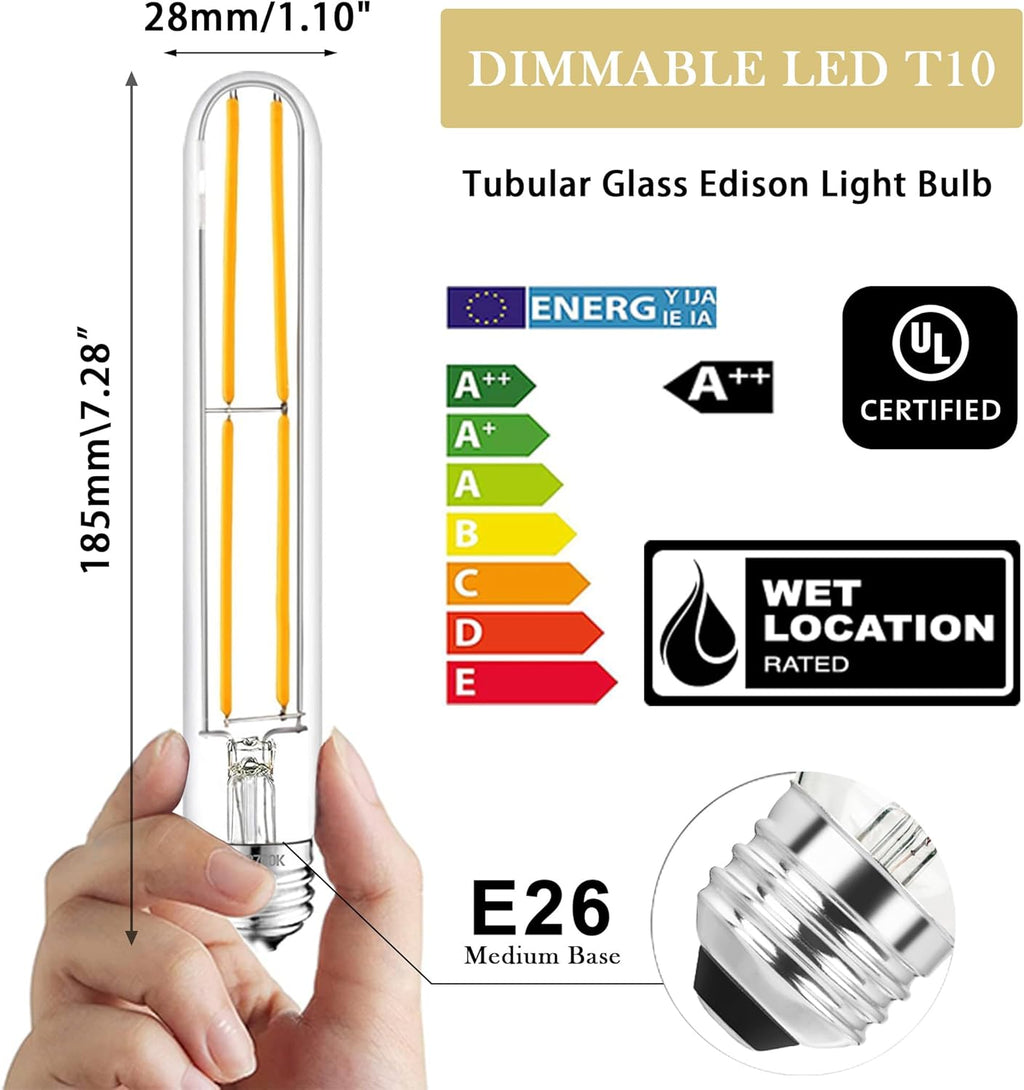 7.3 Inch E26 Led Bulb 6W Dimmable, 2700k Soft White Edison Bulbs 800LM, Equal 80 Watt Tubular T10 T9 Long Clear Glass Light Bulb for Rustic Pendant Pipe Wall Sconces Chandeliers - 6Pack