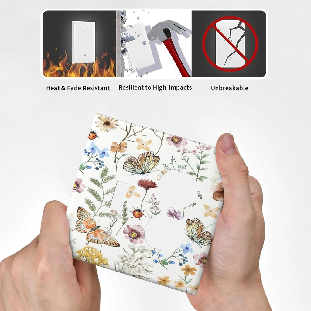 Decorative Outlet Covers Rustic White Butterfly Flowers Leaves 2 Gang Wall Plate Cover Single Toggle Duplex Combo Two Switch Light Switch Cover Plate Jumbo Dual GFCI Faceplate
