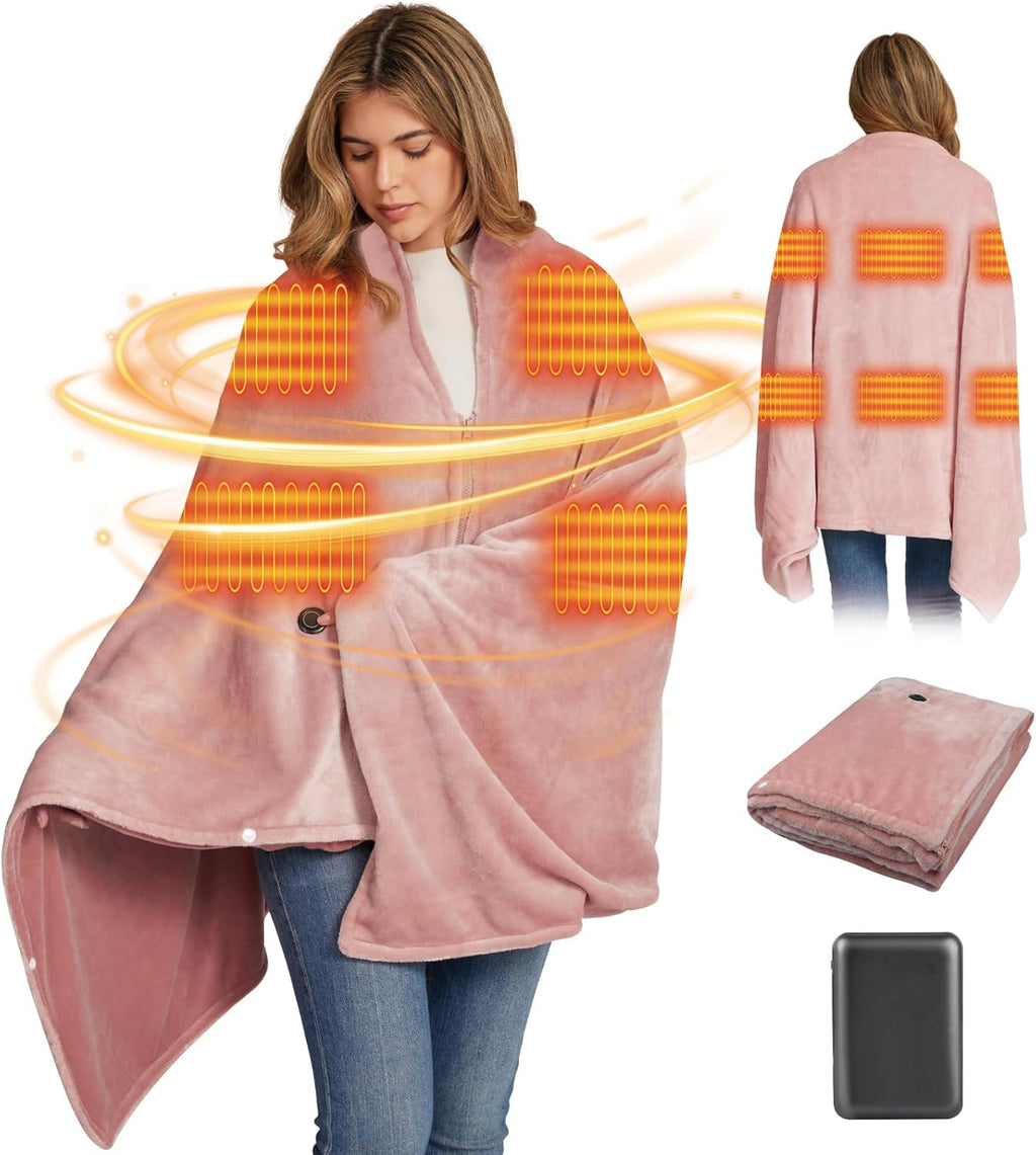 Cordless Heated Blanket Battery Operated with Fleece Lining 7.4V 16000mAh Battery Portable Wearable Heated Shawl for Women Men 6 Heating Zones 3 Fast-Heating Levels (Battery Included)