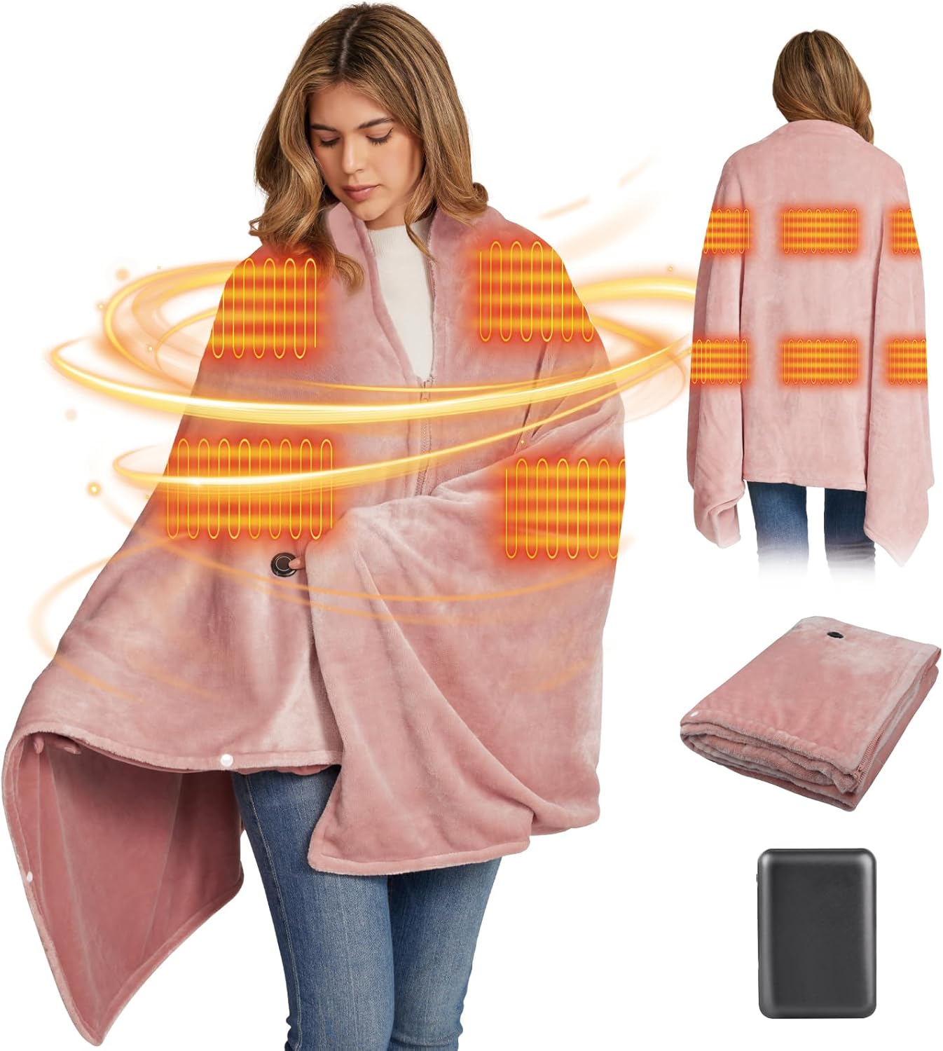 Cordless Heated Blanket Battery Operated with Fleece Lining 7.4V 16000mAh Battery Portable Wearable Heated Shawl for Women Men 6 Heating Zones 3 Fast-Heating Levels (Battery Included)
