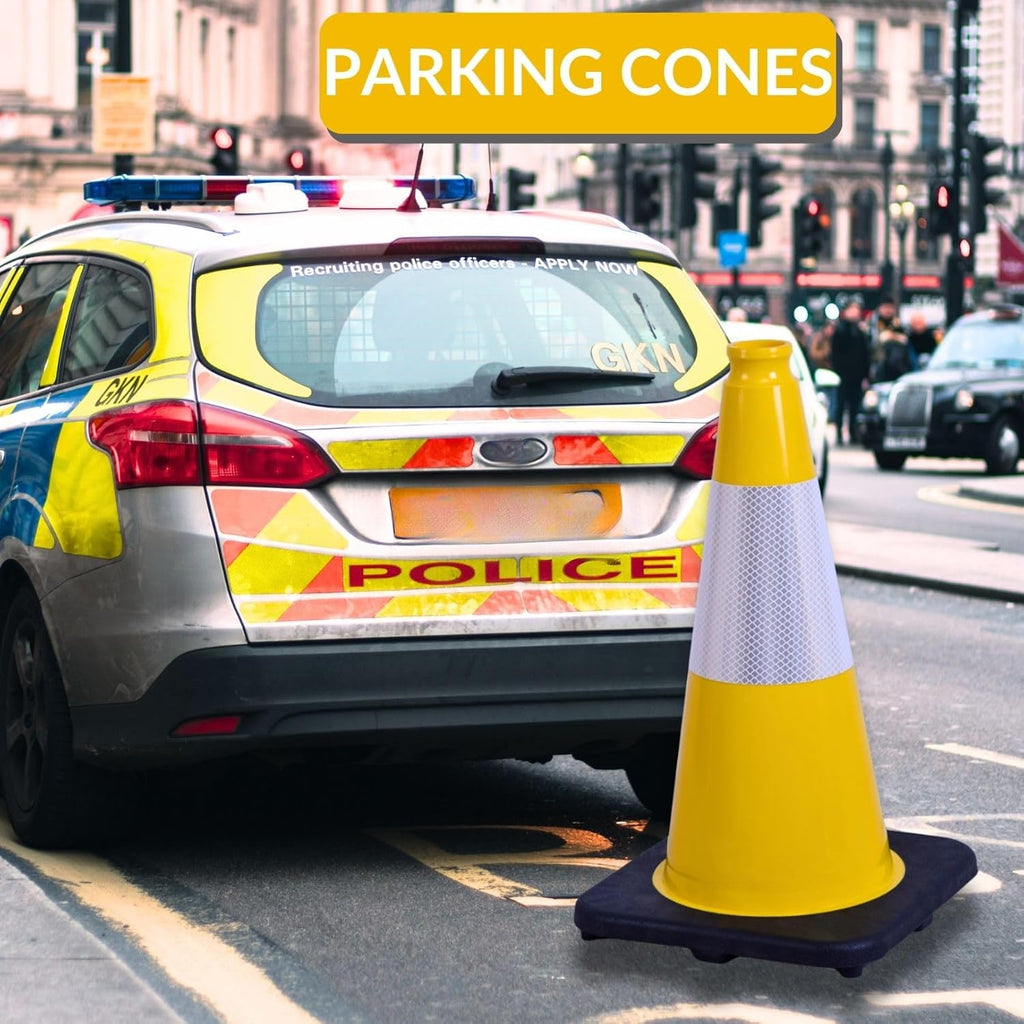 BESEA 4Pack 18 Inch Yellow Traffic Cones with 6 Inch Reflective Collar, Heavy Duty PVC Safety Cones with 10.5 x 10.5 Inch Base for Parking, Driving Practice, Sports Training, and Construction