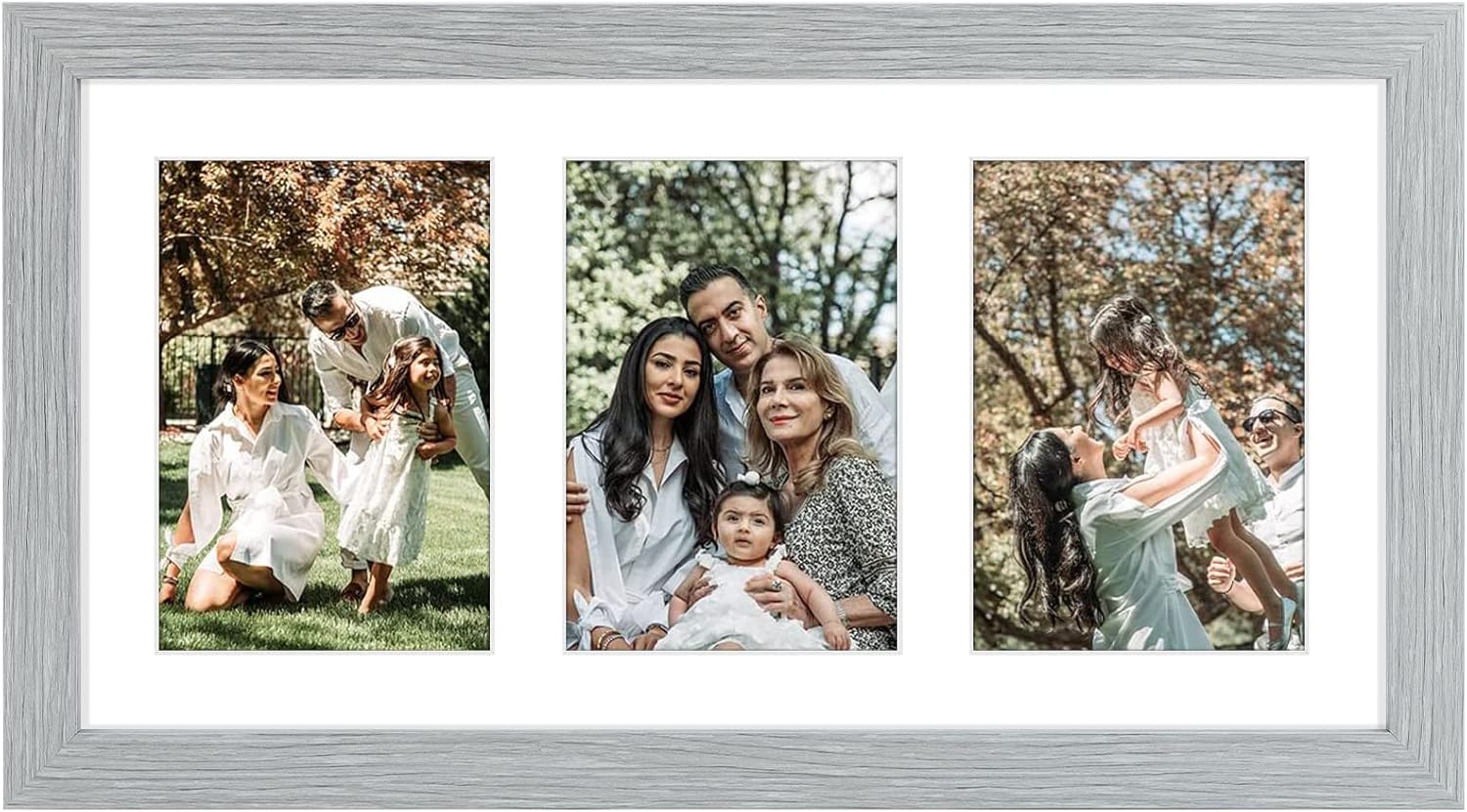 Golden State Art, 9x18 Grey Wood Frame - White Mat for Three 5x7 Pictures - Sawtooth Hangers - Swivel Tabs - Wall Mounting - Landscape/Portrait - Real Glass - Collage Frame