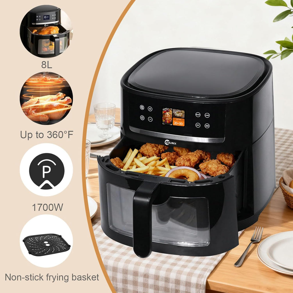 8L Large Air Fryer, AI Intelligent Recognition Cooking Air Fryer with Window, 12 Preset Menus, Touchscreen Display, 400°F, Raven Black
