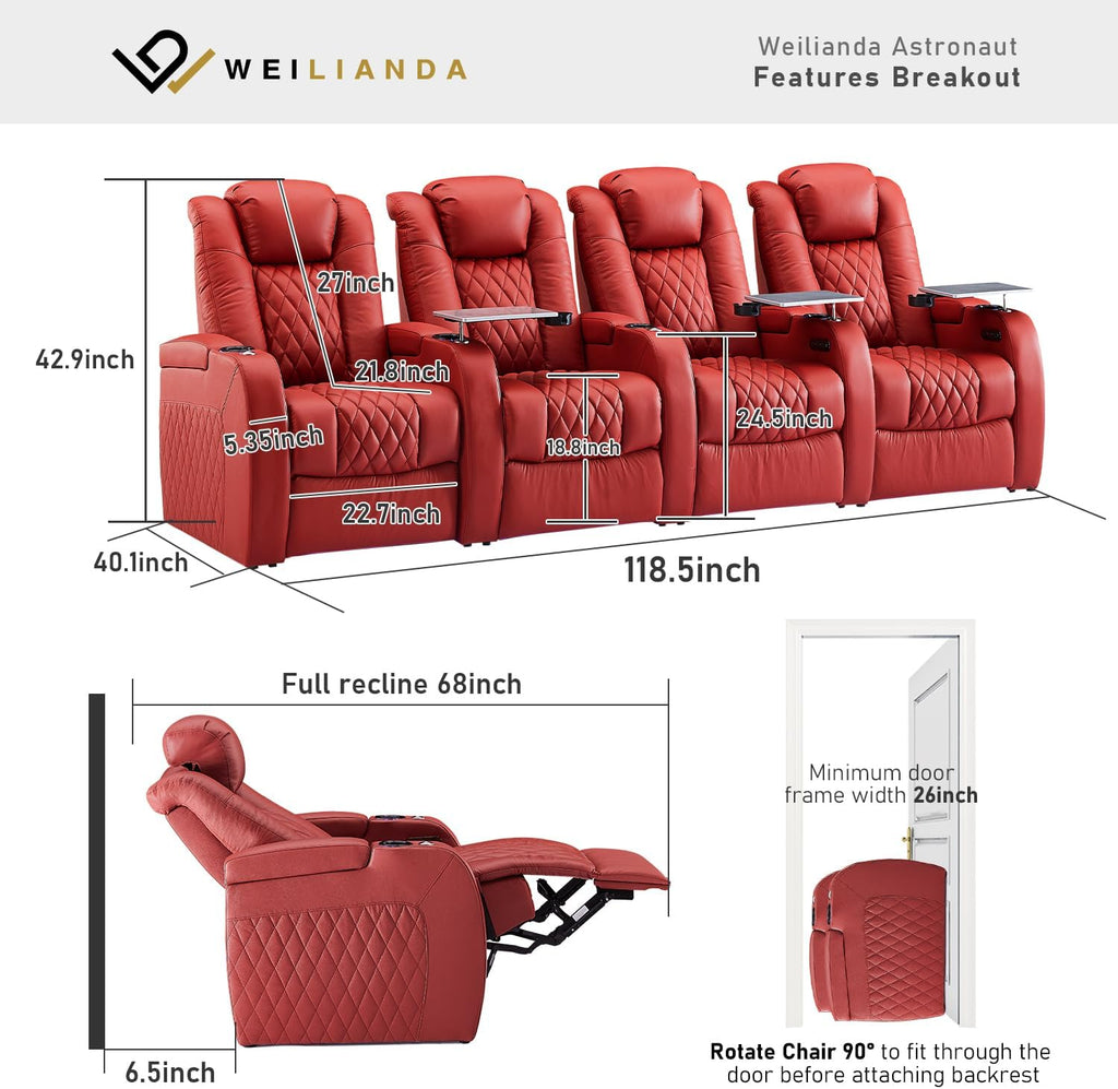 Weilianda Home Theater Seating Top Grain Leather Zero Gravity Recliner Chair Power Headrest Recline Movie Seat Gaming 7 Colors Mood Light Sofa with Tray Table USB Charge Row of 4 Red