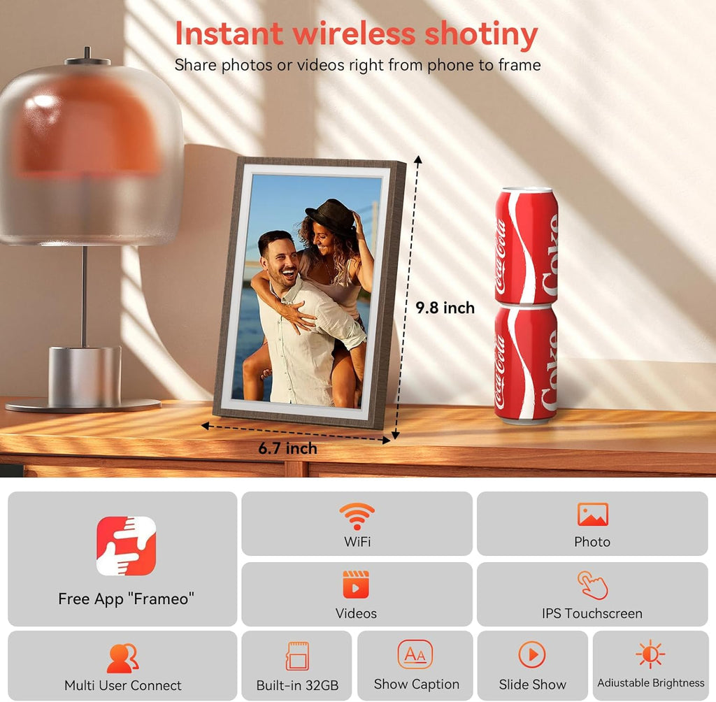 Frameo Wood 10.1 inch Digital Picture Frame, Smart WiFi Digital Photo Frame with 32G Memory, HD Touch Screen, Auto-Rotate, Slideshow, Easy Setup, Share Photos and Videos Anywhere(Brown Wood)