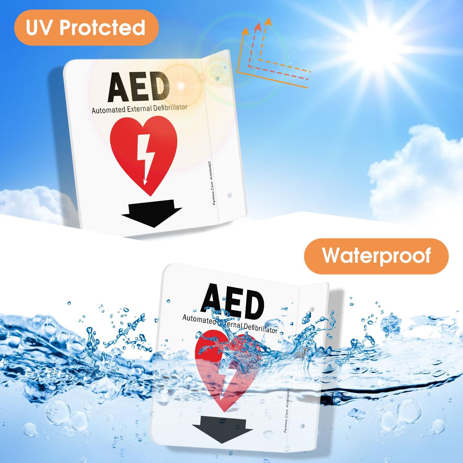 Faittoo AED Sign, AED Automated External Defibrillator with Down Arrow Sign, 6x6 Inches 90D Projection - Acrylic, 2 Pre-Drilled Holes, Includes Matching Screws, Use for Home Office/Business, 2 Pack