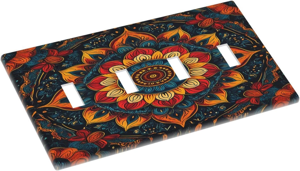 Light Switch Cover Plate Boho Colorful Mandala Quad Toggle Wall Plates Decorative Switch Plates 4 Gang Outlet Covers Electrical Panel Cover Faceplate for Home Decor 4.5 X 8 IN