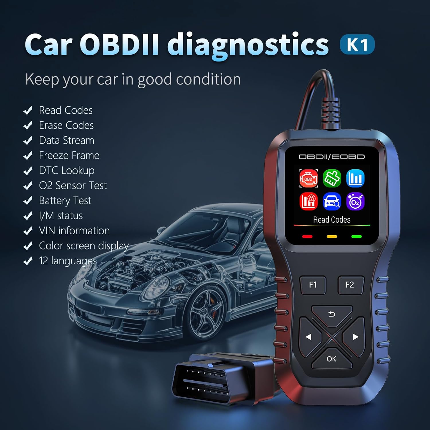 K1 obd2 Scanner,obd2 Scanner Diagnostic Tool,Car Code Reader for Check Engine Light, Real-Live Data, Freeze Frame with Colour Screen, Multilingual Plug & Play for All OBDII & EOBD Vehicles