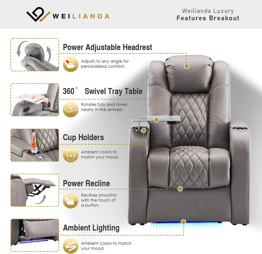 Weilianda Home Theater Seating Top Grain Leather Zero Gravity Recliner Chair Power Headrest Recline Movie Seat Gaming 7 Colors Mood Light Sofa with Tray Table USB Charge Row of 2 Grey