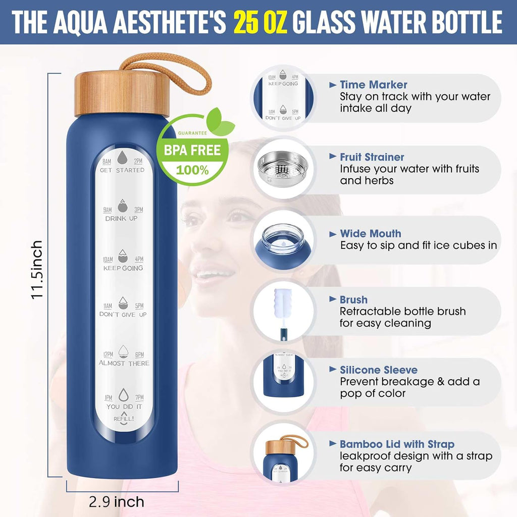 Aqulea Glass Water Bottles 25 Oz with Silicone Sleeve - BPA Free Reusable Wide Mouth Glass Motivational Water Bottles with Fruit Infuser – Leak Proof Borosilicate Water Bottle with Time Marker (Blue)