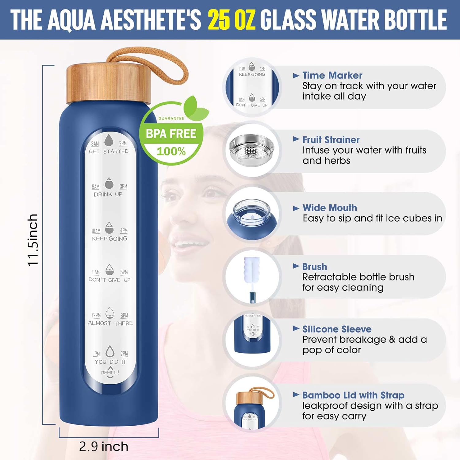 Aqulea Glass Water Bottles 25 Oz with Silicone Sleeve - BPA Free Reusable Wide Mouth Glass Motivational Water Bottles with Fruit Infuser – Leak Proof Borosilicate Water Bottle with Time Marker (Blue)