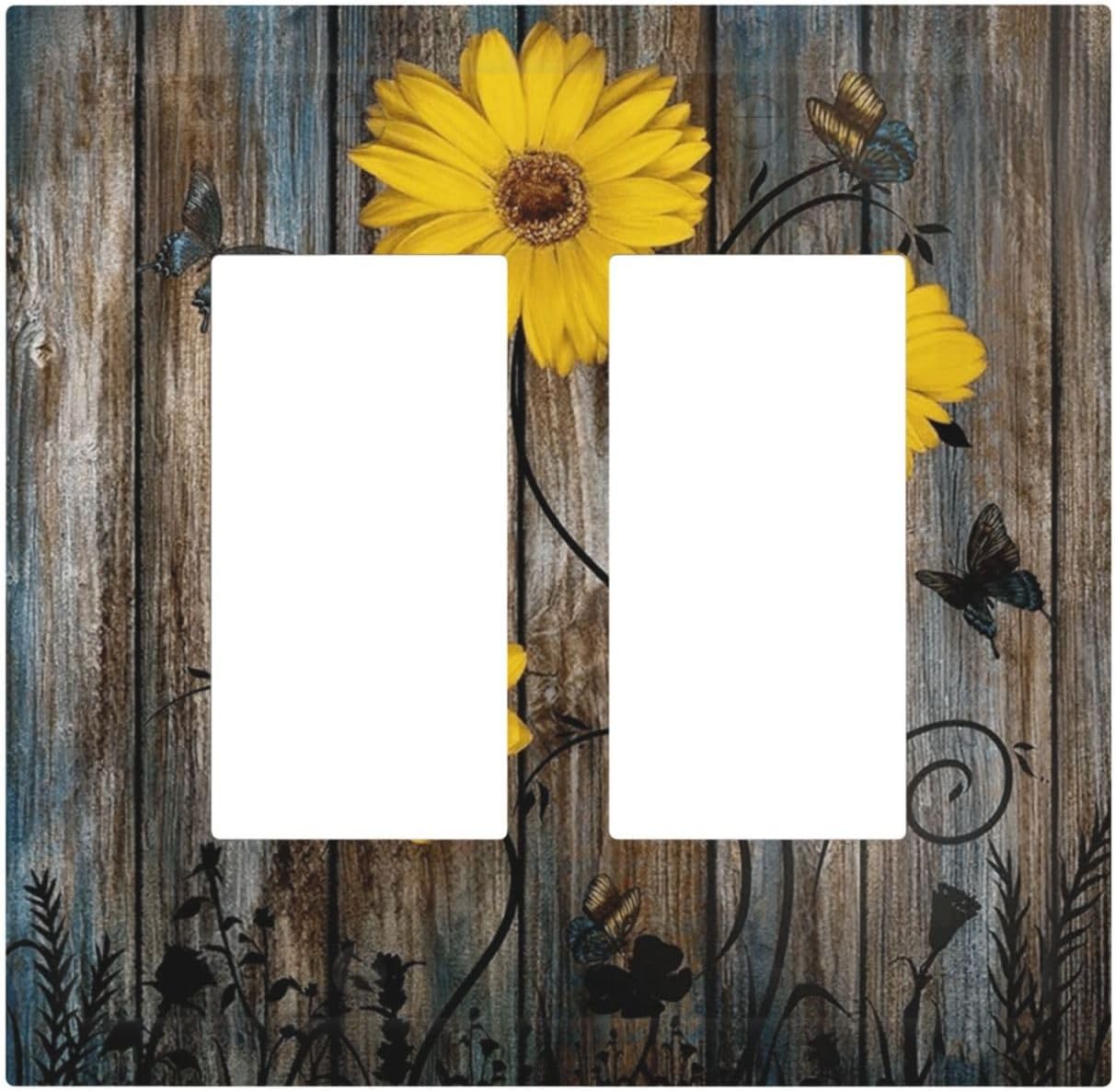Rustic Barn Sunflower Wooden Daisy Flower Plank Decorative Outlet Covers 2 Gang Double GFCI Rocker Electrical Wall Panels Light Switch Cover Plate for Farmhouse Home Decor