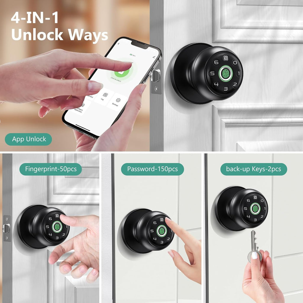 GeekTale Fingerprint Door Lock, Smart Lock with App, Biometric Door Lock, Thumbprint Door Knob, Smart Fingerprint Door Knob for Bedroom, Office, Apartment