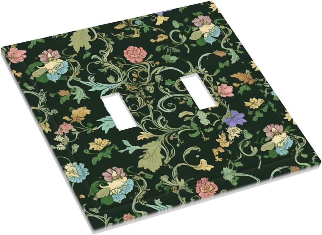 Decorative Light Switch Cover Plate Vintage Green Leaf Plant Rustic Pink Flower 2 Gang Wall Plate Oversized Double Toggle Two Switch Wall Cover Plate Dual Device Faceplate