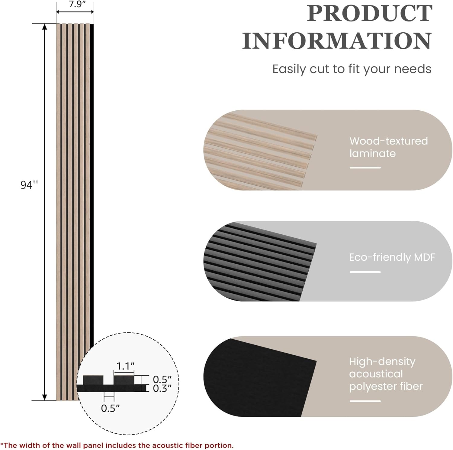 Wood Salt Acoustic Wall Panels, 6 Piece 94" x 7.9" x 0.8" Soundproof Wooden Wall Panels, 3D Fluted Sound Absorbing Panel, Rustic Walnut