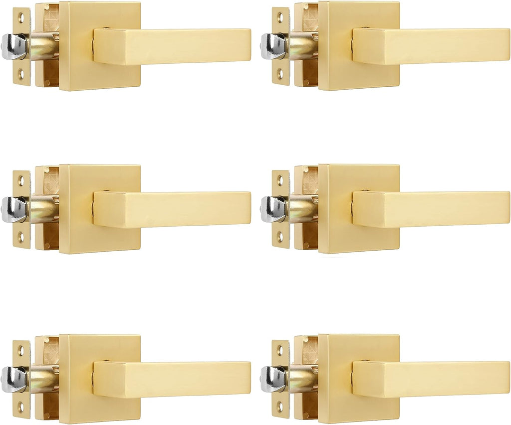 6 Pack Passage Door Lever Square Gold Door Handles in Stain Brass,Contemporary Modern Design Door Lock for Hall or Closet
