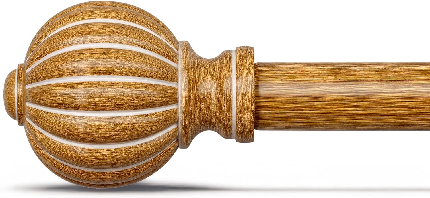 Wood Curtain Rods for Windows 28 to 48 Inch, 1'' Adjustable Heavy Duty Curtain Rod，Vintage Imitation Wood Grain Decorative Drapery Rods with Pumpkin Finials for Bedroom Living Room
