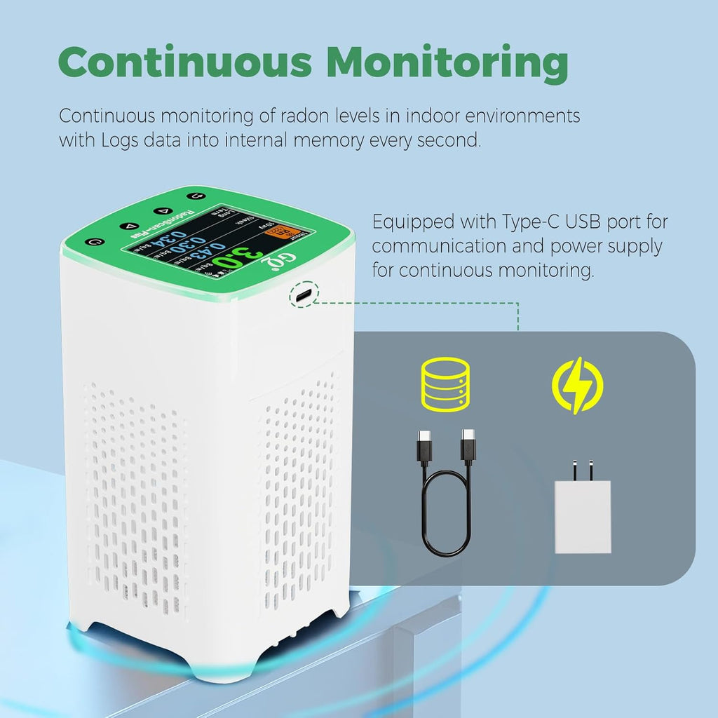 GQ RadonScan-Plus Radon Gas Digital Detector Worldwide Remote Monitoring Fast Accurate Detection Simple Color Display USA Design Real-time Data App Data Logging & Sharing