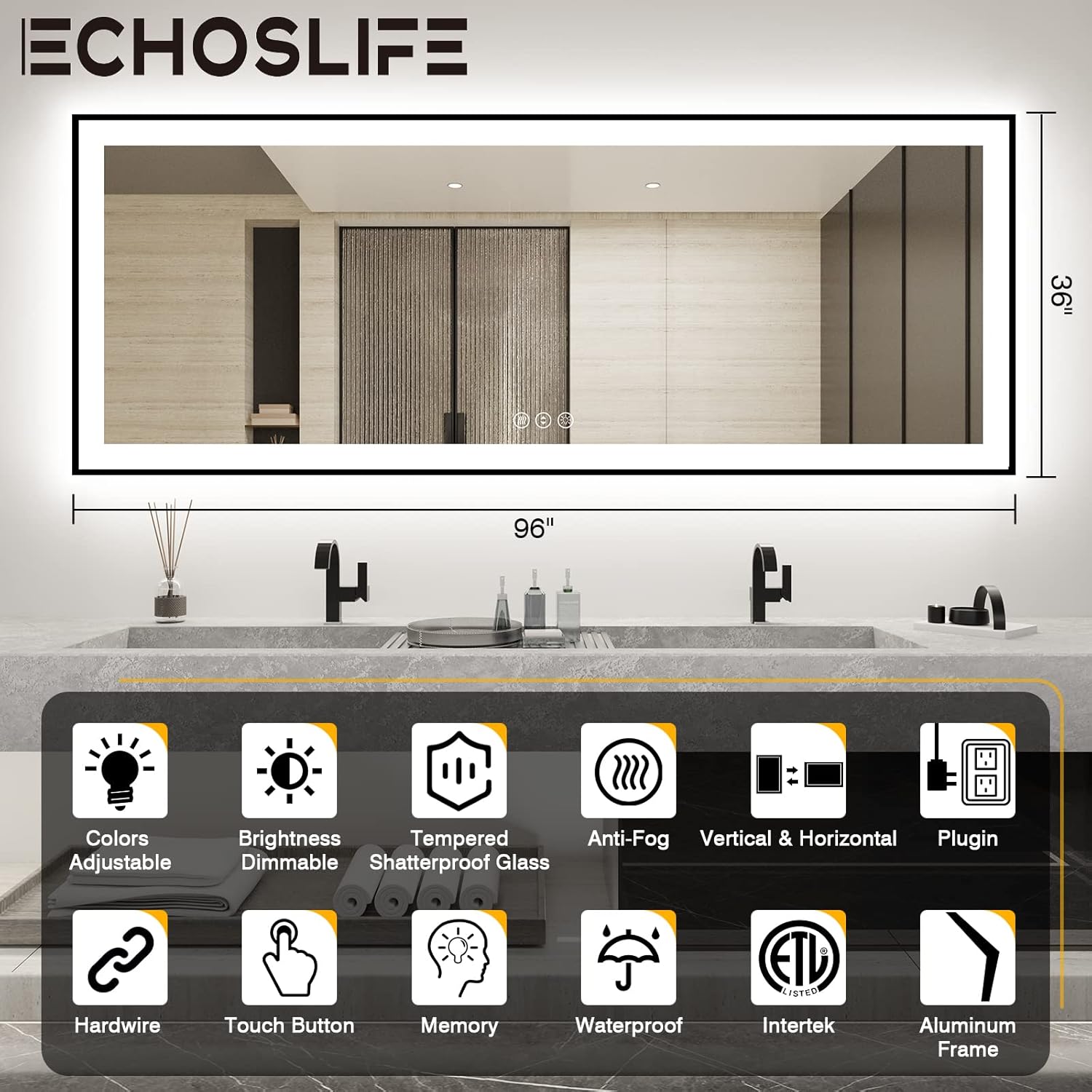 96x36 Large LED Bathroom Mirror with Lights - Black Aluminum(Front and Backlit),Anti-Fog Lighted Mirror for Wall,Stepless Dimmable Lighted Mirror,3 Colors Smart Mirror(Horizontal/Vertical)