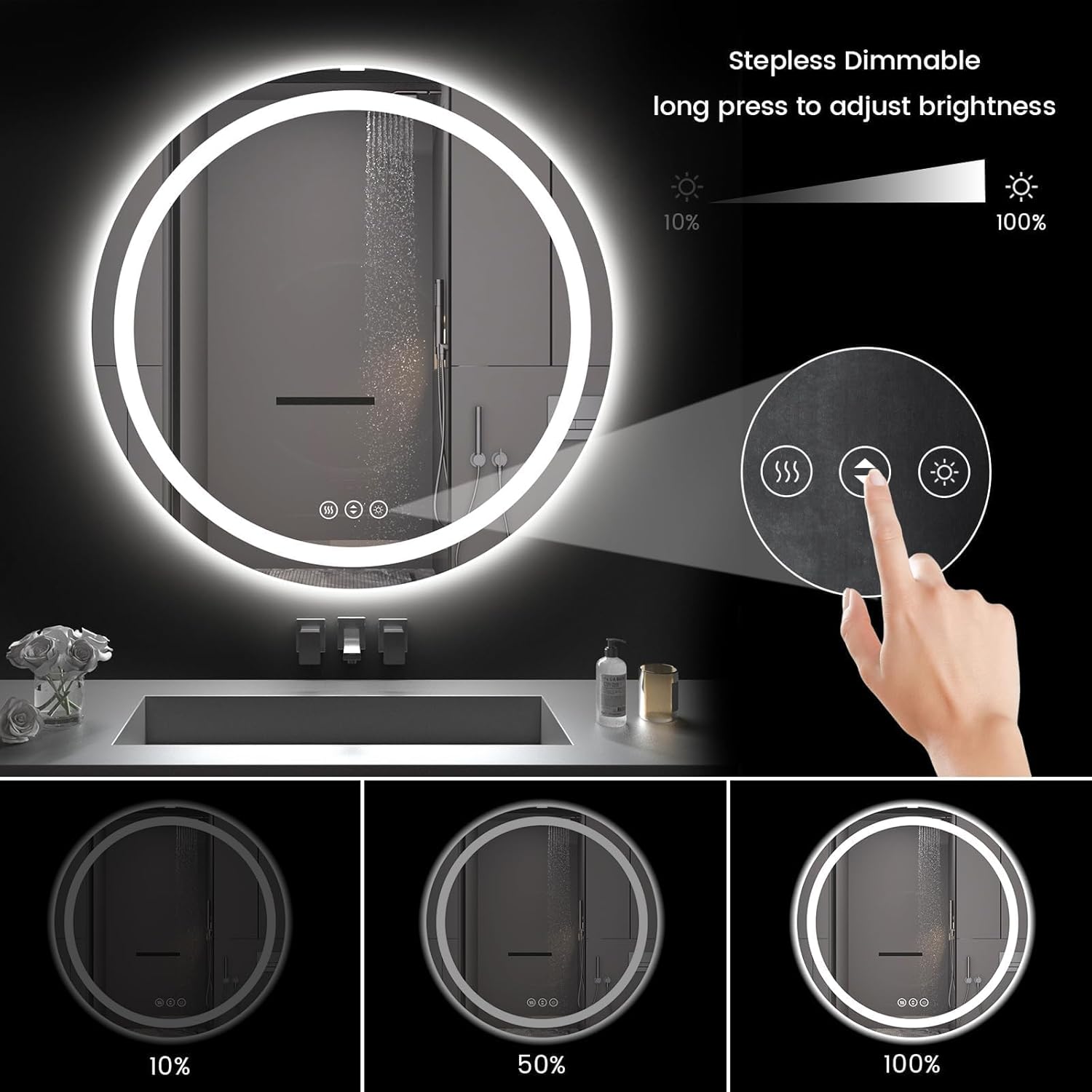 Round LED Bathroom Mirror with Lights, Backlit & Front Lighted, Wall-Mounted Vanity Mirror 3000K/4000K/6000K, Memory Functions, Anti-Fog, Dimmable Smart Mirror (Round 30" x 30")
