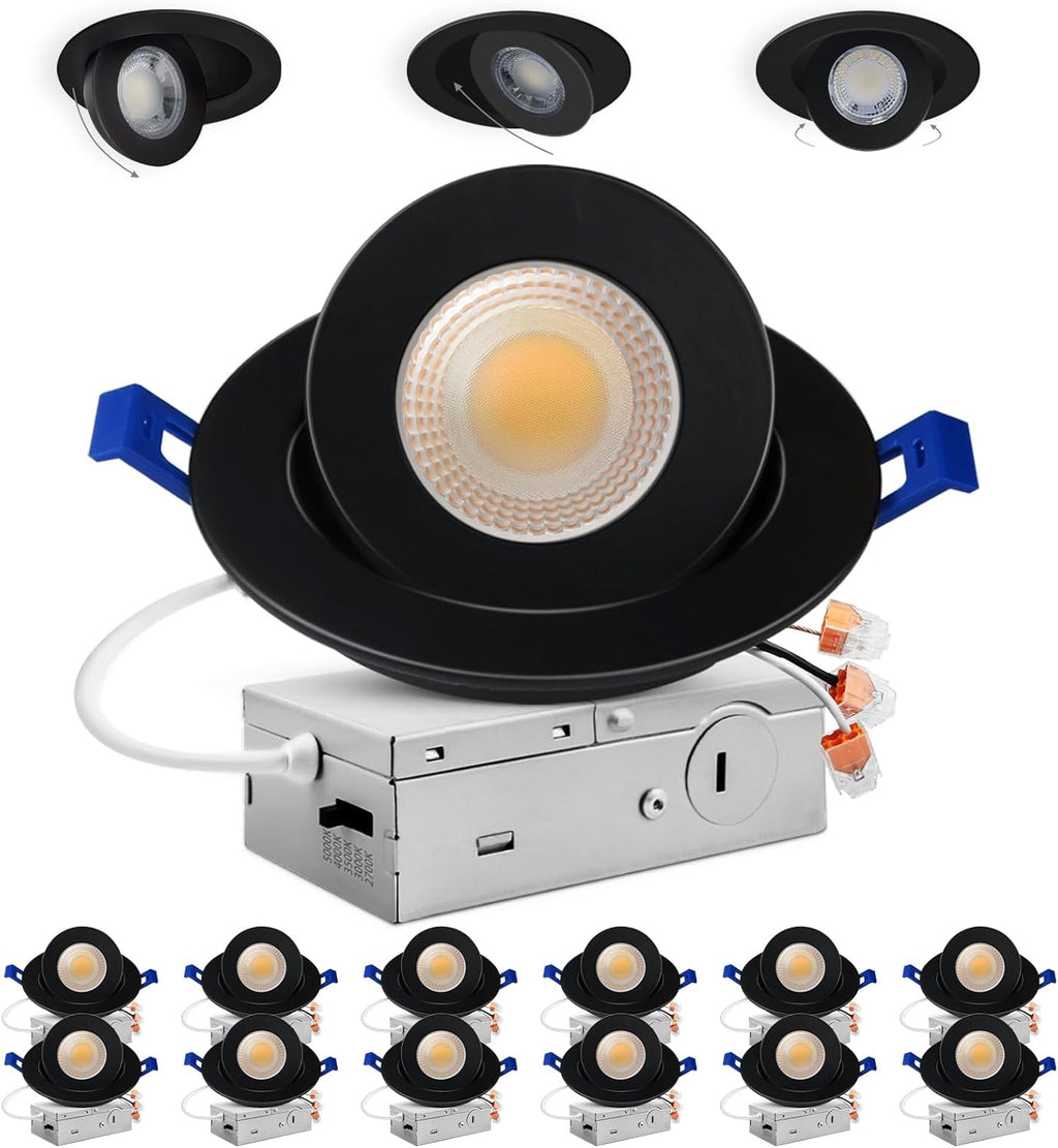 Adetu 4 inch 5CCT Gimbal Black Led Recessed Lights, 360°+90° Adjustable Directional Recessed Lighting, 2700K-5000K Dimmable Retrofit Eyeball Can Lights with Jbox, ETL&Energy Star (Black,12 Pack)