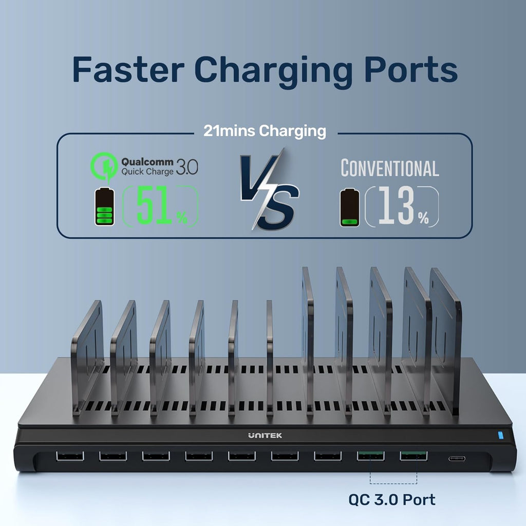 Unitek Multi USB Charging Station - 10 Ports Fast iPad Charging Dock with Type-C & 2 QC 3.0 Port, Charger Station Organizer for Multiple Devices Designed for iPhone, Kindle, Android, Tablets