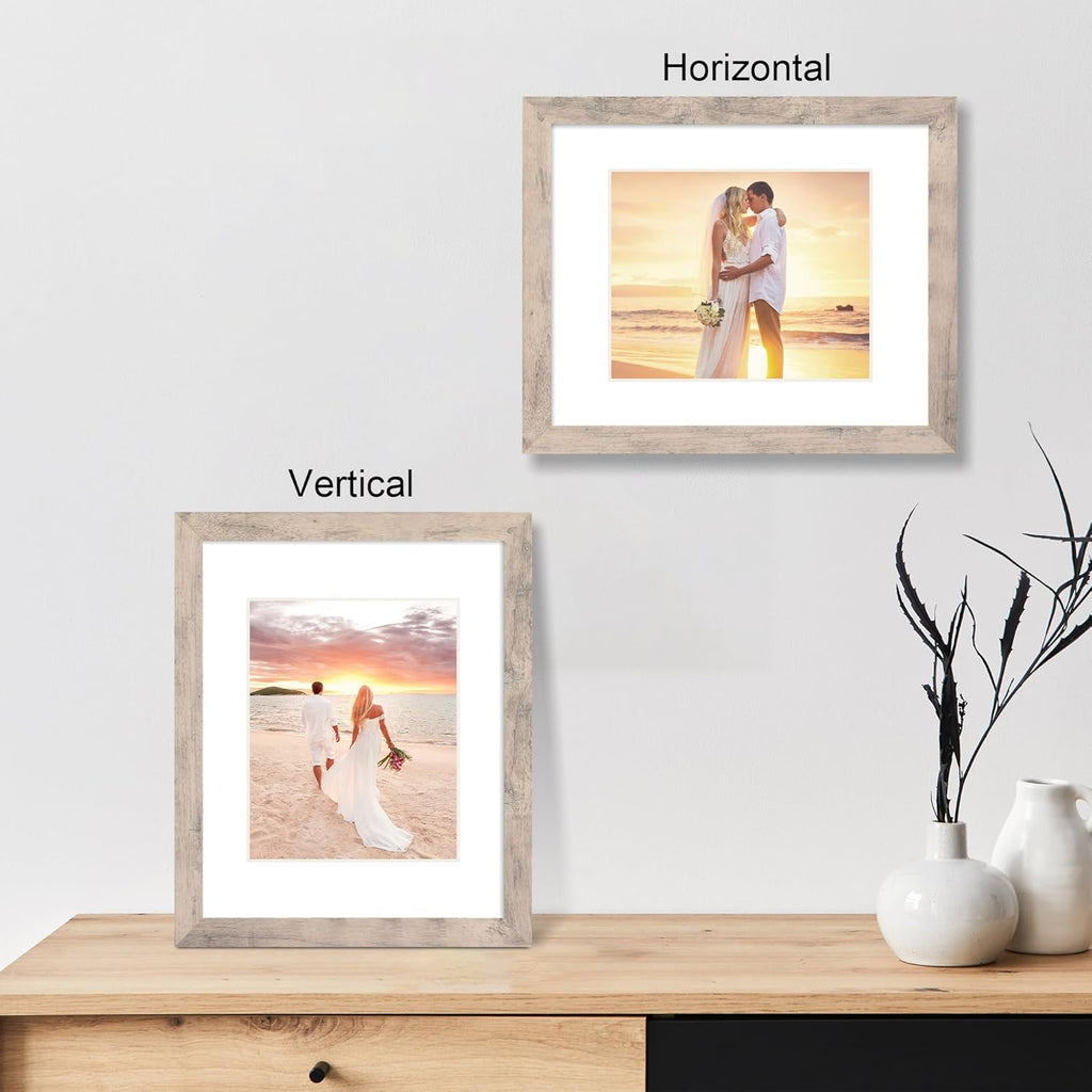 iRahmen 11x14 Picture Frame Set of 2 with Tempered Glass, Smoke Gray Frame Display 8x10 Picture with Mat or 11 x 14 Without Mat, Wooden Photo Frame for Horizontal or Vertical Wall Mount