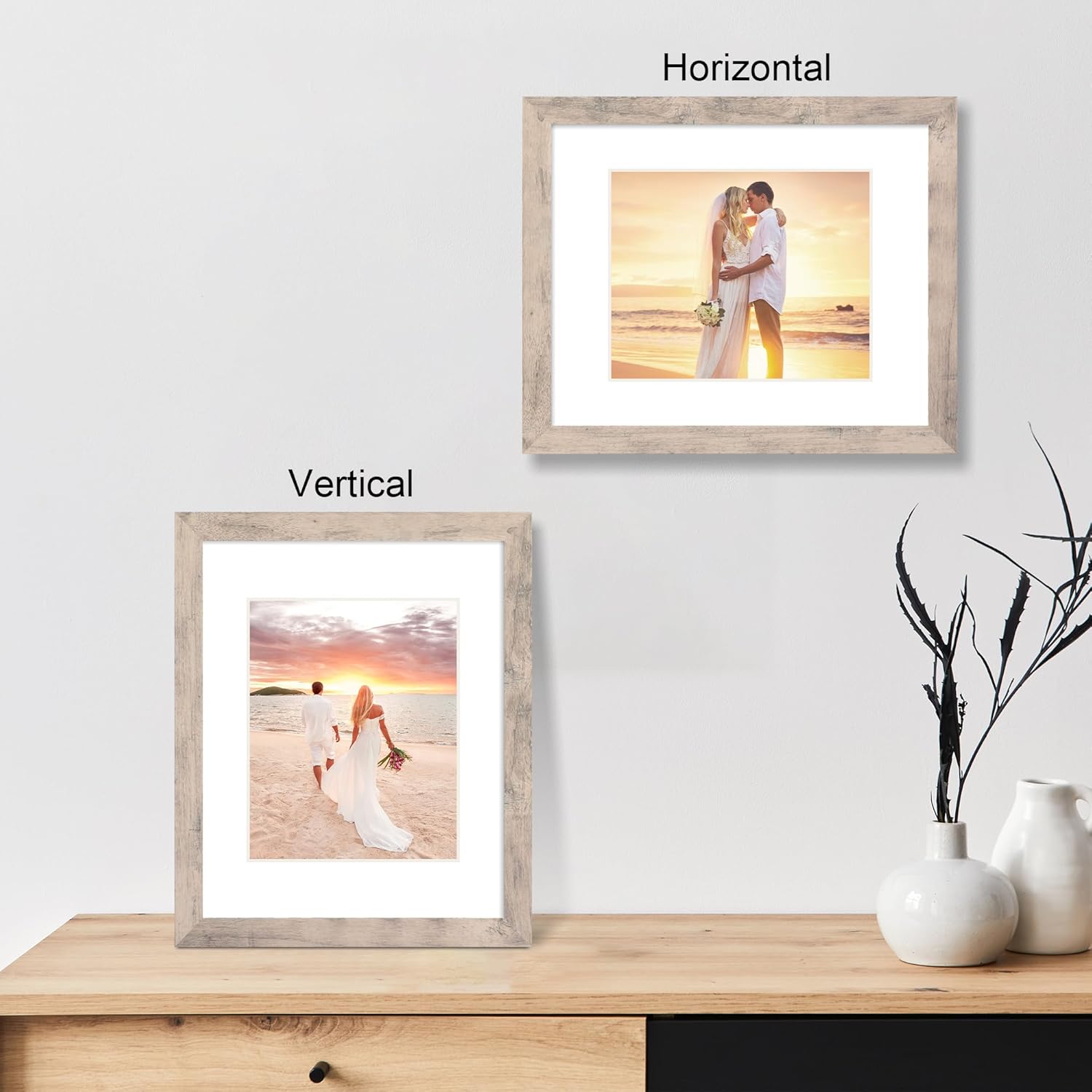 iRahmen 11x14 Picture Frame Set of 2 with Tempered Glass, Smoke Gray Frame Display 8x10 Picture with Mat or 11 x 14 Without Mat, Wooden Photo Frame for Horizontal or Vertical Wall Mount