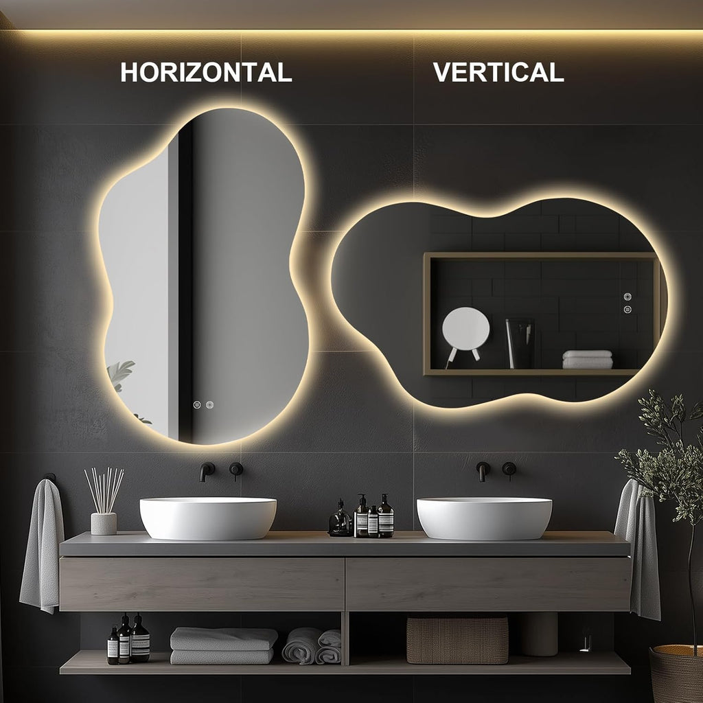 48"x30" Irregular LED Lighted Vanity Mirror for Bathroom, Backlit Only, Anti-Fog, 3-Color Dimmable Lighting, Wall Mount [Horizontal/Vertical]