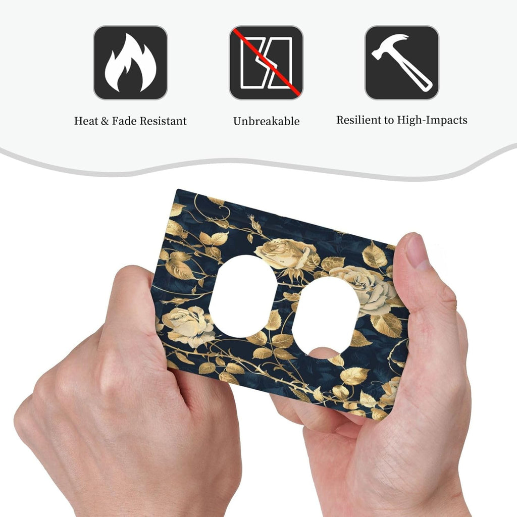 Outlet Covers Boho Vintage Floral Golden Flower Dark Blue Background 1 Gang Duplex Wall Plate Decorative Switch Plates Electrical Receptacle Faceplate Light Switch Cover for Bedroom
