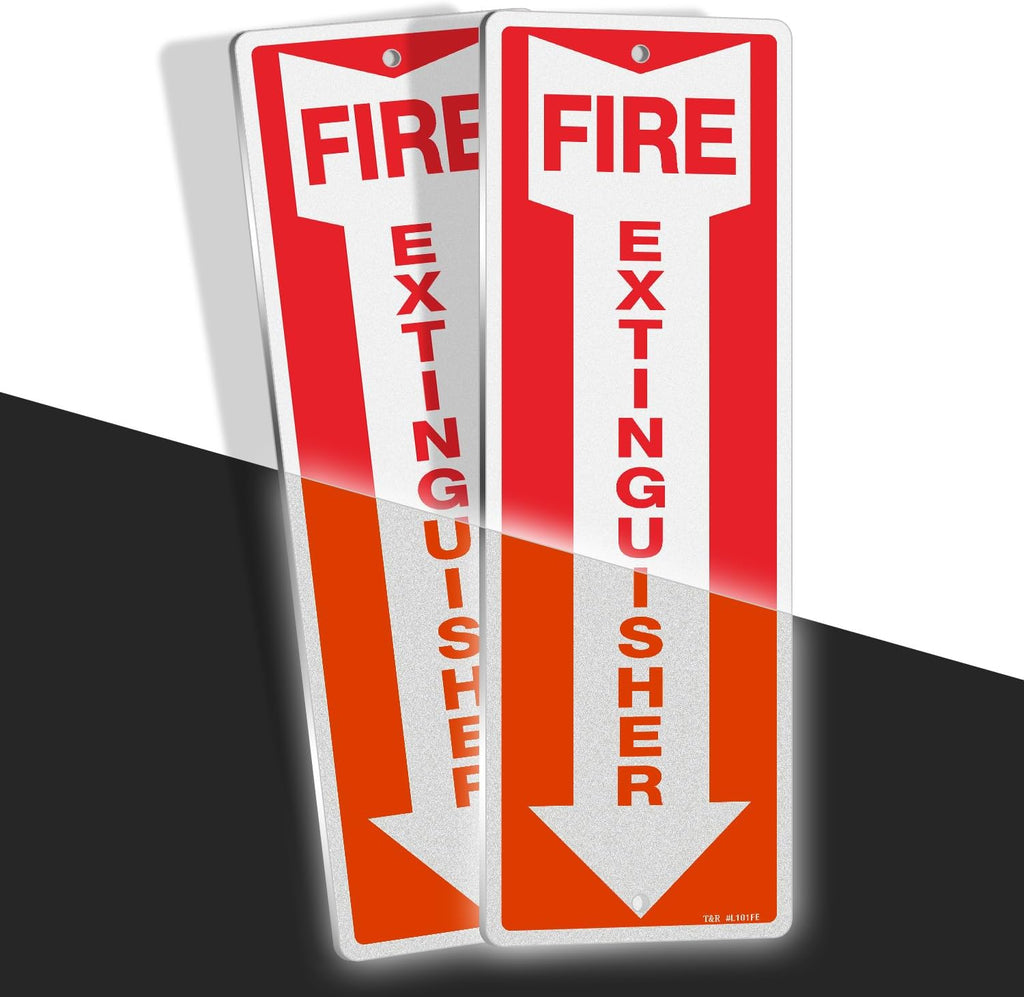 T&R Metal Fire Extinguisher Sign - 2 Pack - 12"x4" .040 Rust Free Heavy Aluminum, Reflective, Waterproof, Weatherproof and Fade Resistant, 2 pre-drilled holes, Easy to Install Indoors and Outdoors