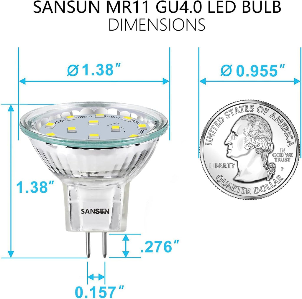 3W MR11 LED Landscape Light Bulbs, Low Voltage 12V 20W Halogen Replacement for Outdoor Landscape Spotlight and Track Light, GU4 Bi-Pin Base, Daylight White 4000K, Non-Dimmable, (Pack of 4)