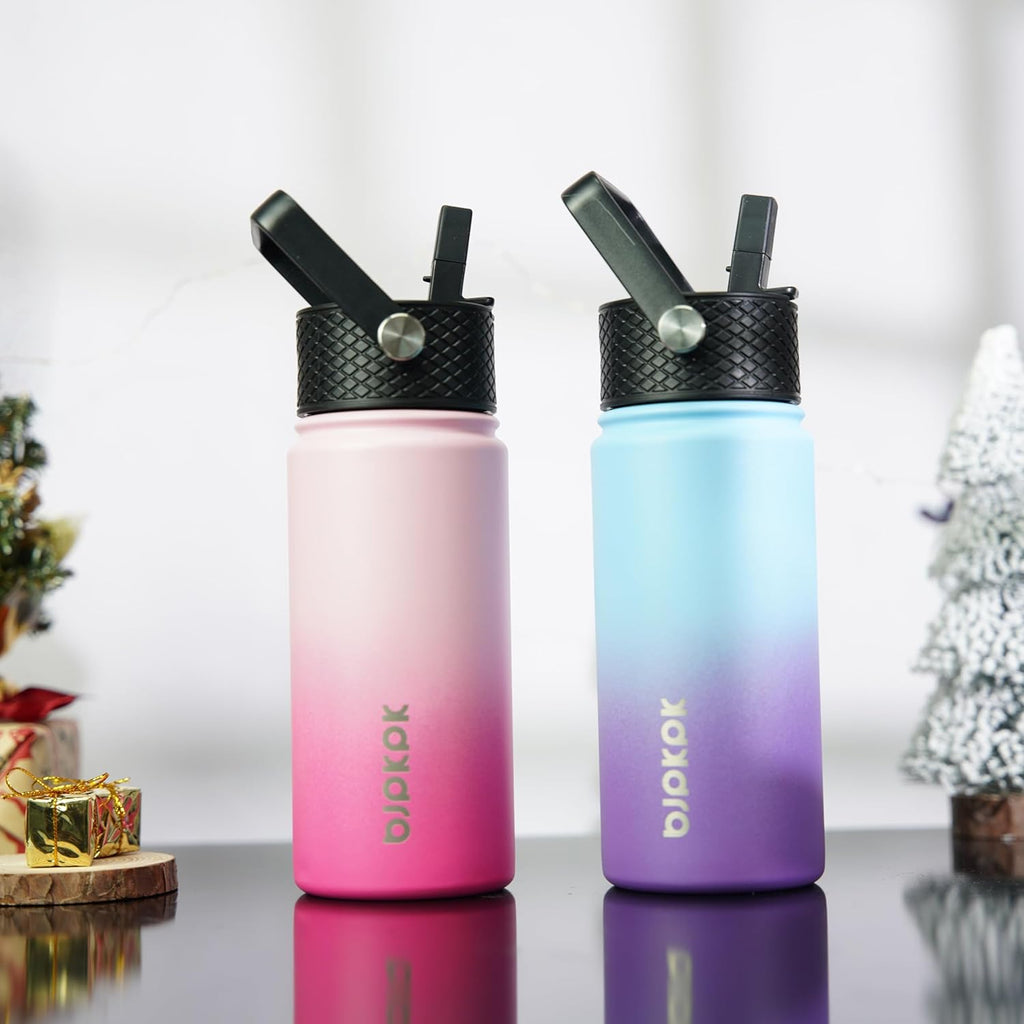BJPKPK 2 Pack Insulated Water Bottles with Straw Lids, 18oz Stainless Steel Metal Water Bottle with 6 Lids, Leak Proof BPA Free Jugs, Cups, Flasks for Travel, Sports (Cherry+Ocean Dream)
