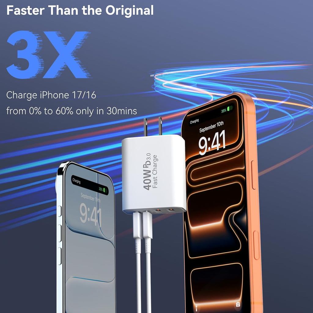 USB C Wall Fast Charger Block, 40W 4-Port Type C Charger Fast Charging Blocks PD Power Charger Adapter+QC 3.0 USB Multiport Charger Brick for iPhone 17/16/15/14/13/12 Pro Max, iPad, Galaxy S25-2Pack