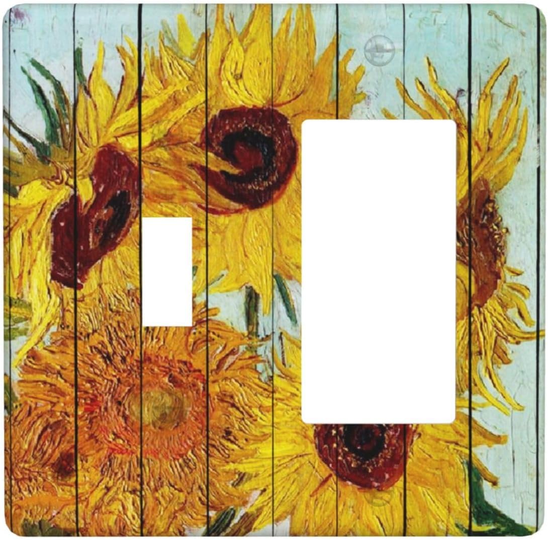 Outlet Covers Sunflowers Oil Paintings Wood Floral 1 Toggle 1 Rocker Combination Decorative Wall Plate Electrical Switch Plates Light Switch Cover Plate For Farmhouse Bed Room Decor