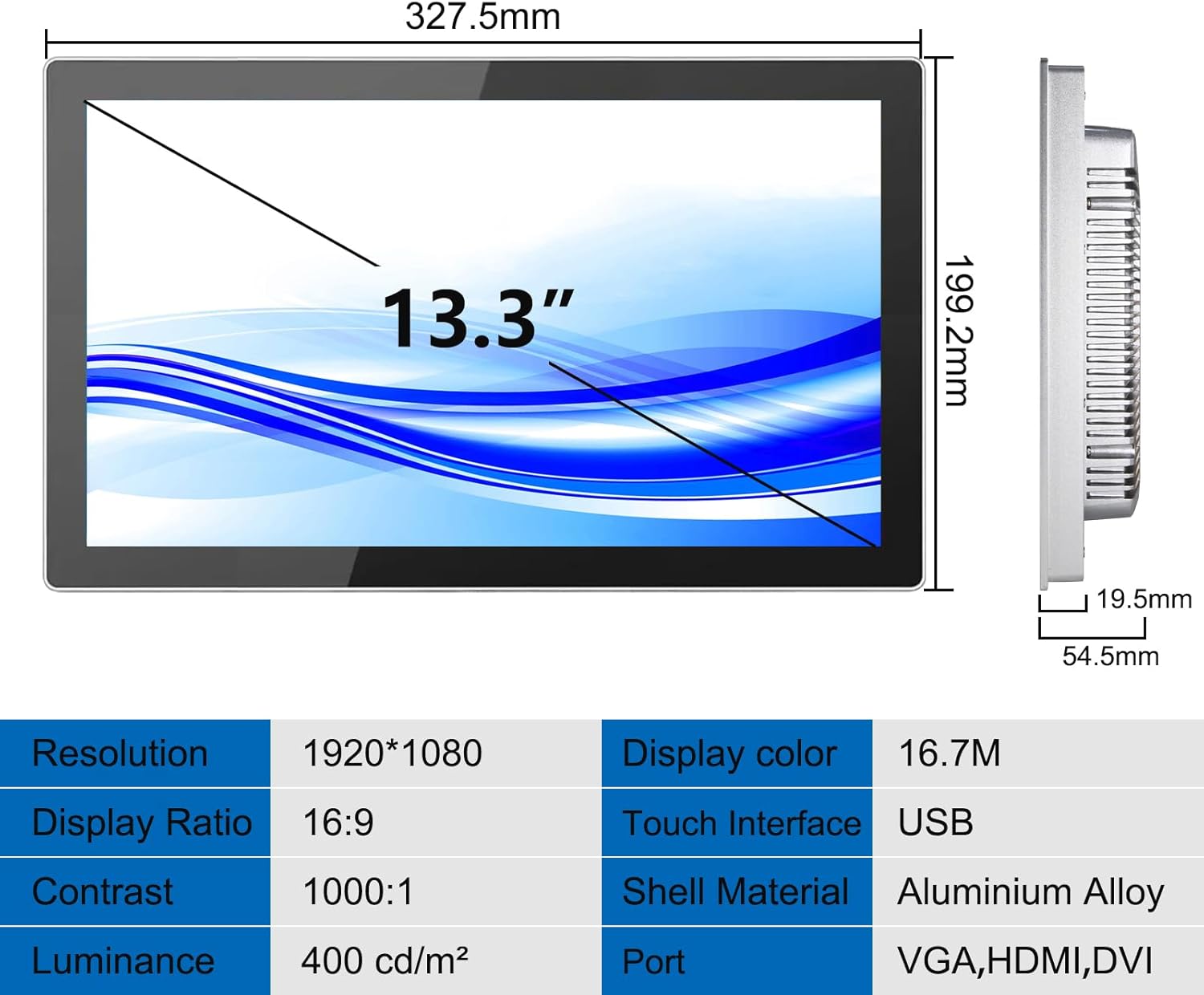 GreenTouch 13.3 Inch Industrial Embedded Capacitive Touchscreen Monitor, Open Frame Multi-Touch Screen Industrial Front IP65 Monitor - HDMI+VGA+DVI - 1920 * 1080 Resolution