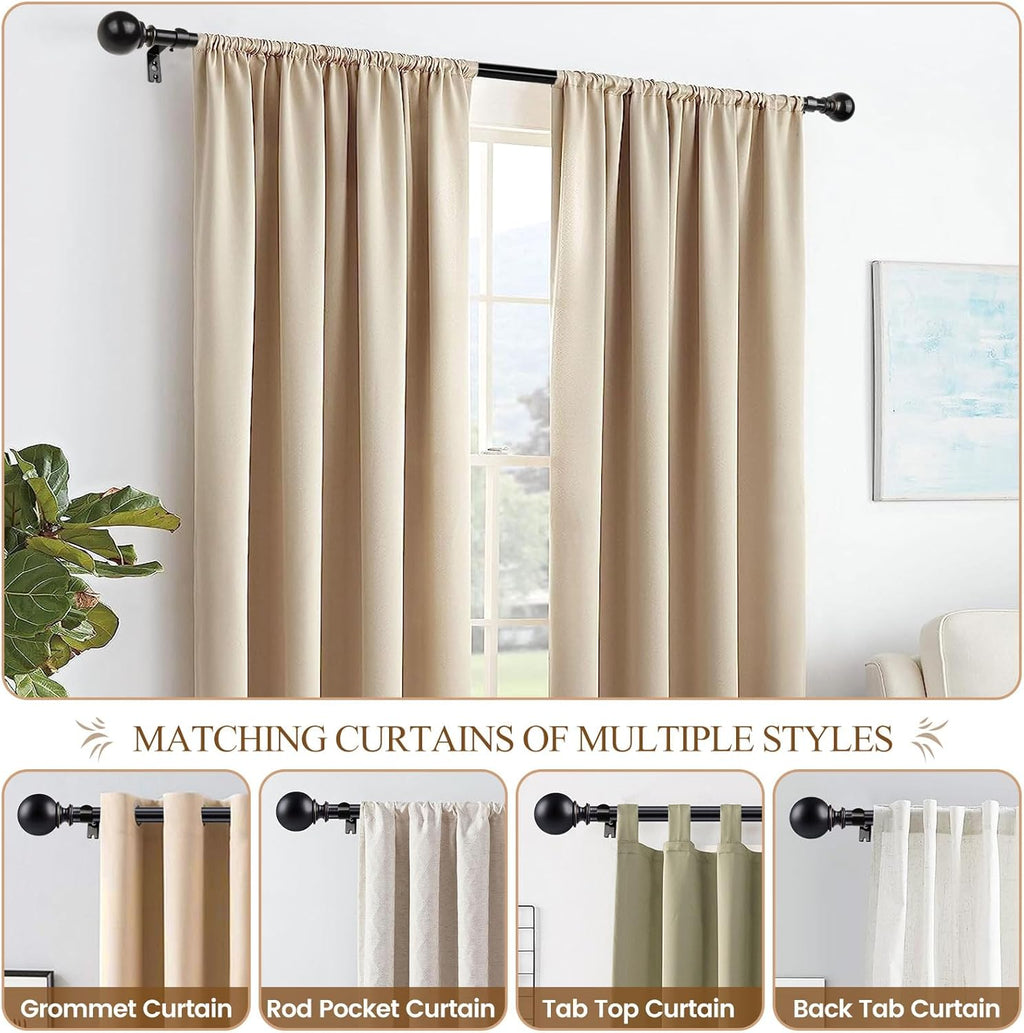 KAMANINA Black Curtain Rods for Windows 66 to 120 Inches (5.5-10ft), Long Heavy Duty Curtain Rod, 7/8 Inch Decorative Drapery Rod with Round Finials