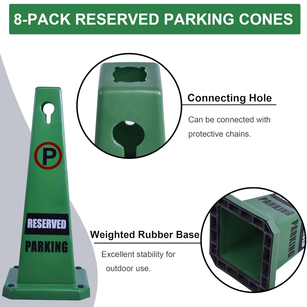 OrangeStar 8-Pack Reserved Parking Cones, Green Four Sided Message Safety Traffic Cones with Heavy Rubber Base for Indoor/Outdoor Use
