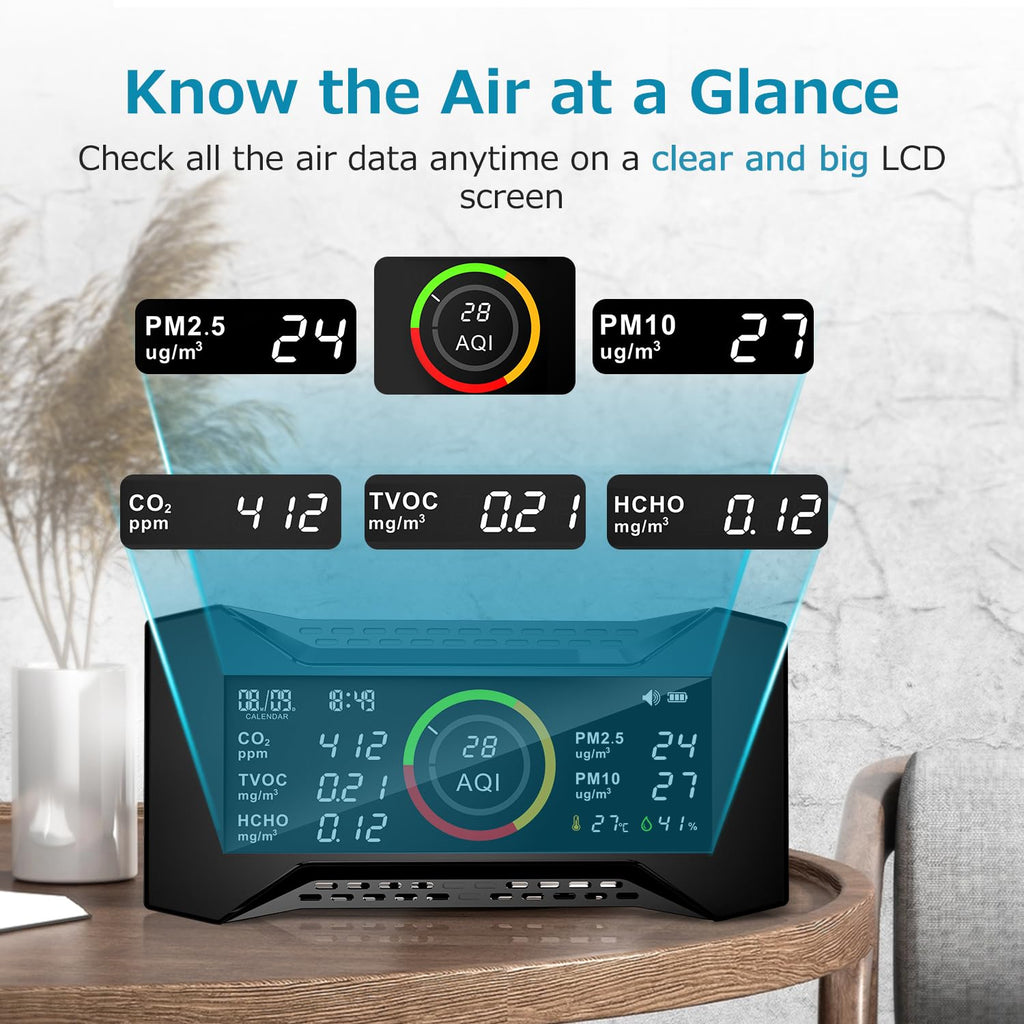 8-in-1 Air Quality Monitor Indoor, Portable Air Quality Tester CO2 Monitor (PM2.5, PM10, CO2, VOC, Formaldehyde, Humidity, Temp) 2600mAh Long-Lasting Battery Sleep-Friendly Display