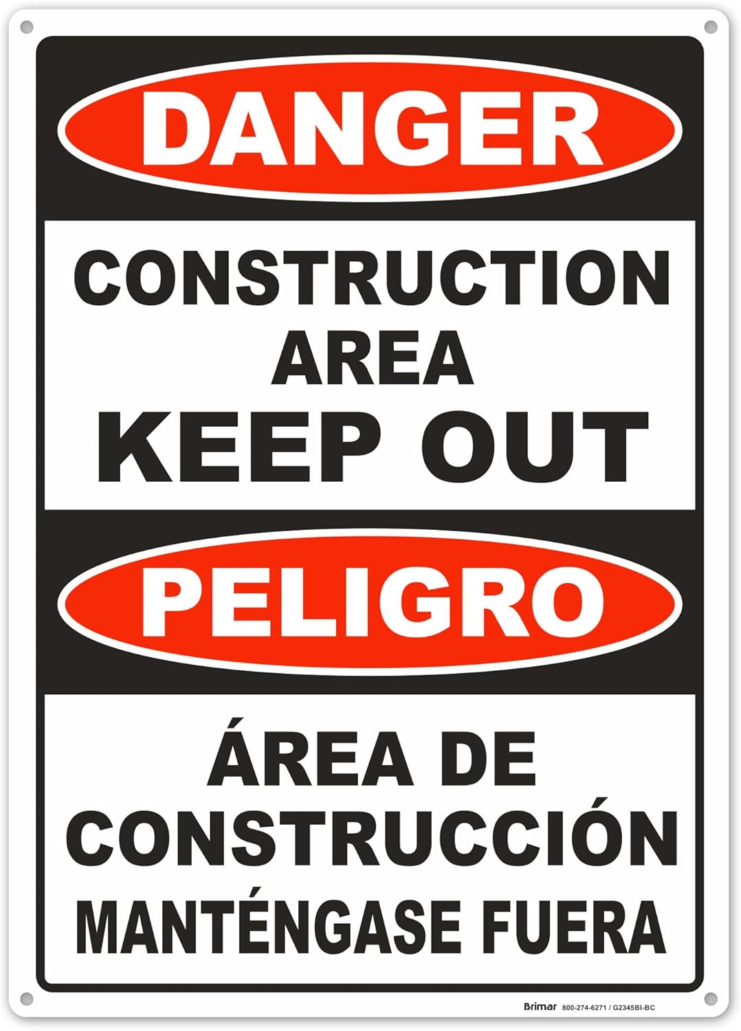 Brimar - 10" x 14" - Bilingual Danger Construction Area Keep Out Sign - .055″ Polyethylene Plastic - Bold Text - Easy Installation